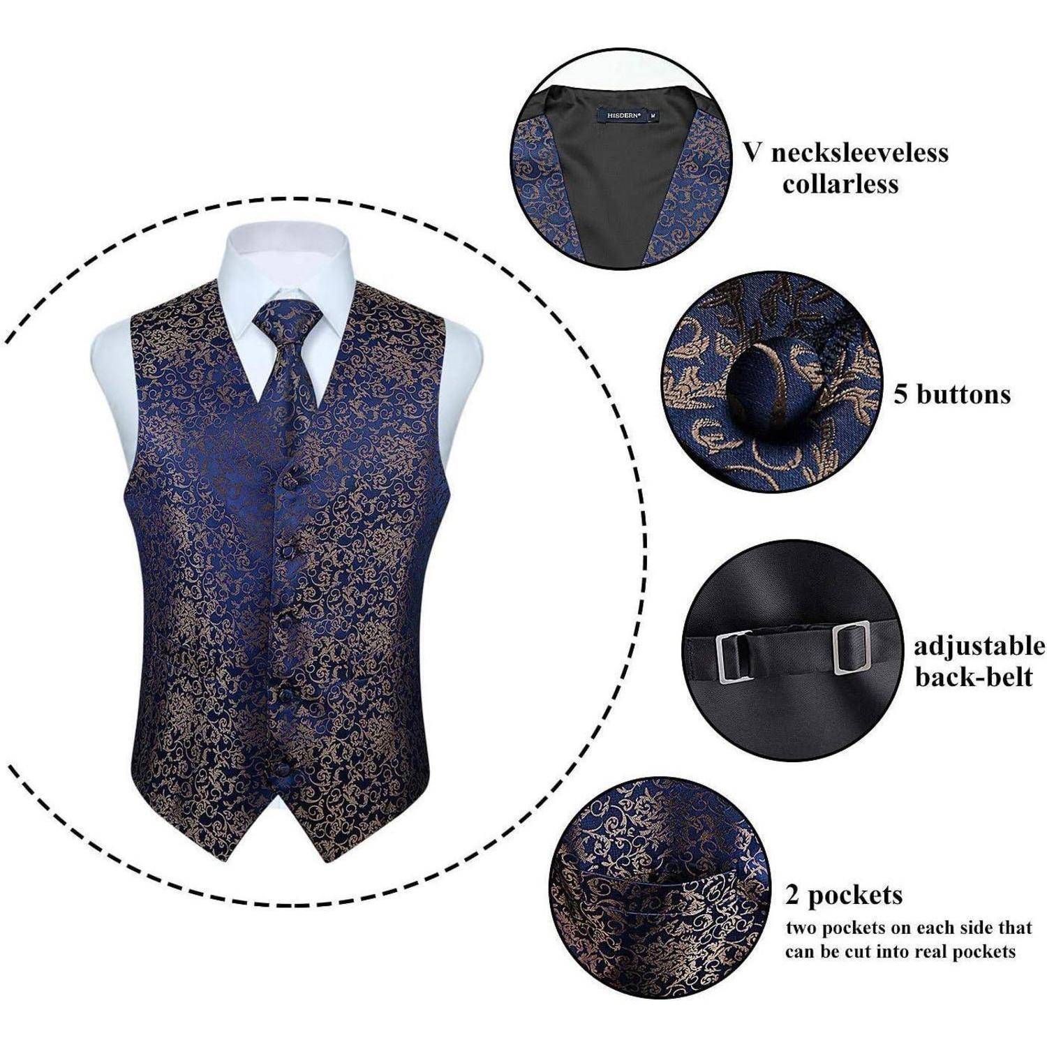 Anzugweste Herren Paisley Jacquard Krawatte Einstecktuch Marine-3 4XL