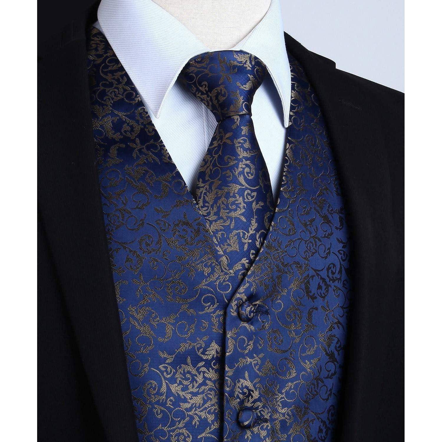 Anzugweste Herren Paisley Jacquard Krawatte Einstecktuch Marine-3 4XL