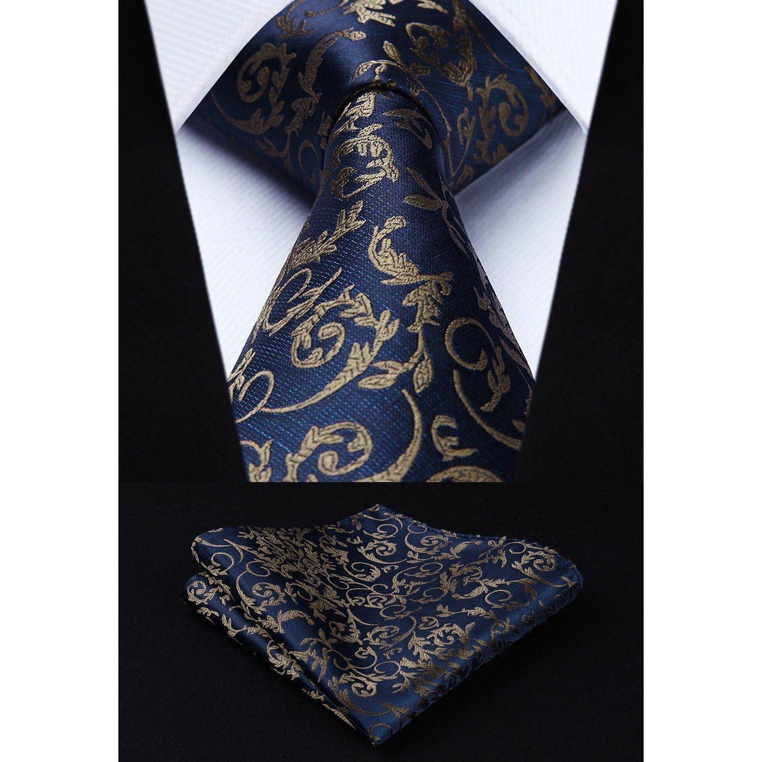 Anzugweste Herren Paisley Jacquard Krawatte Einstecktuch Marine-3 4XL