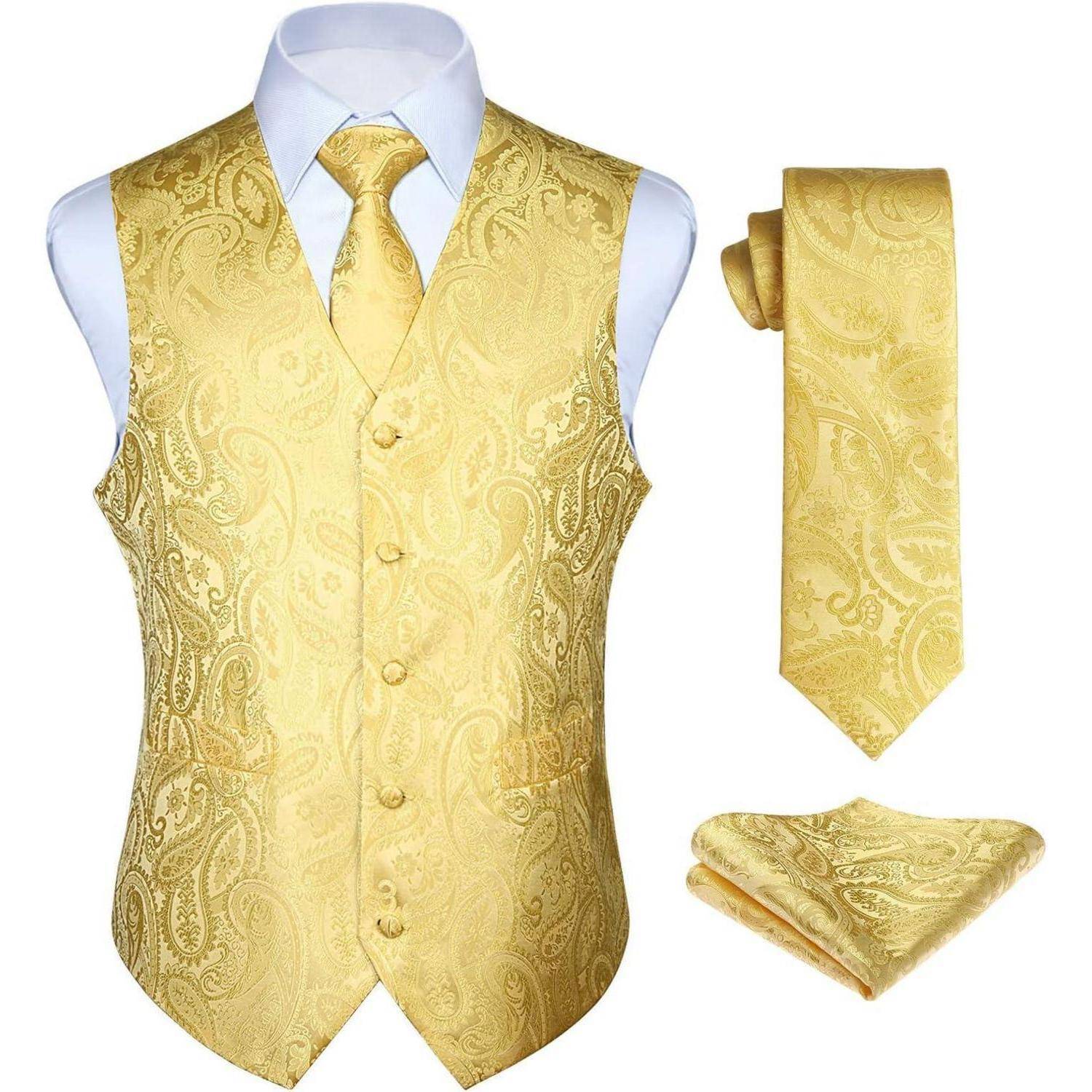 Anzugweste Herren Hochzeit Paisley Krawatte Einstecktuch Gelb-1 XXL