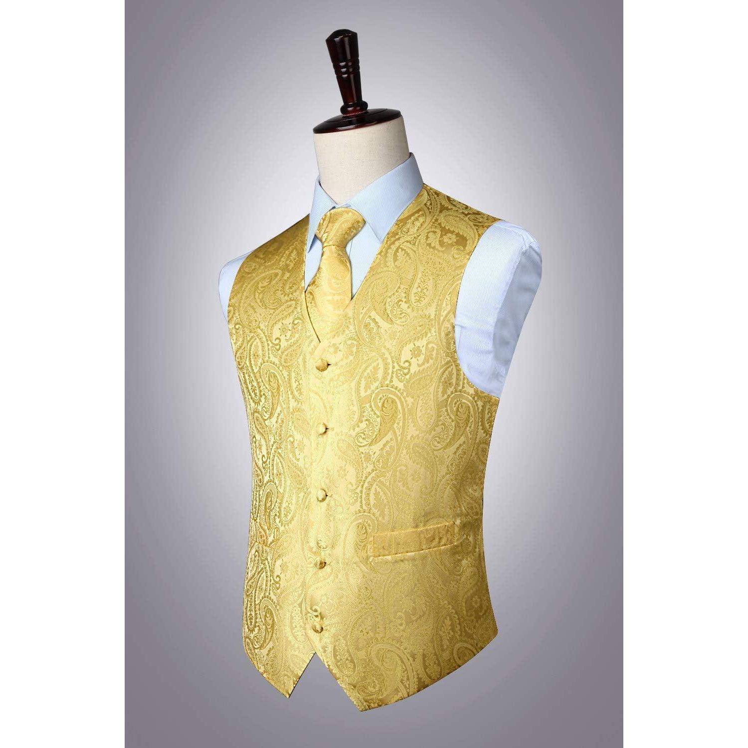 Anzugweste Herren Hochzeit Paisley Krawatte Einstecktuch Gelb-1 XXL