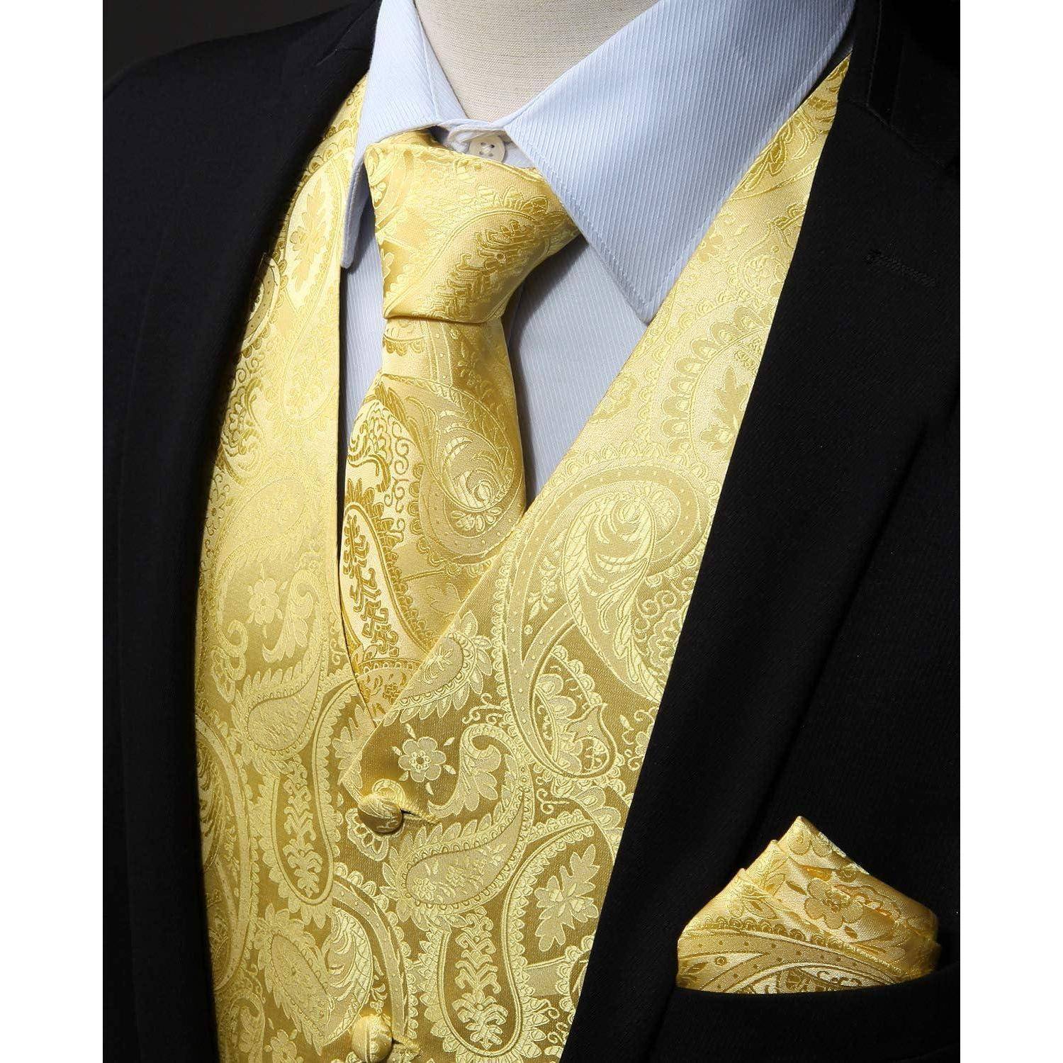 Anzugweste Herren Hochzeit Paisley Krawatte Einstecktuch Gelb-1 XXL