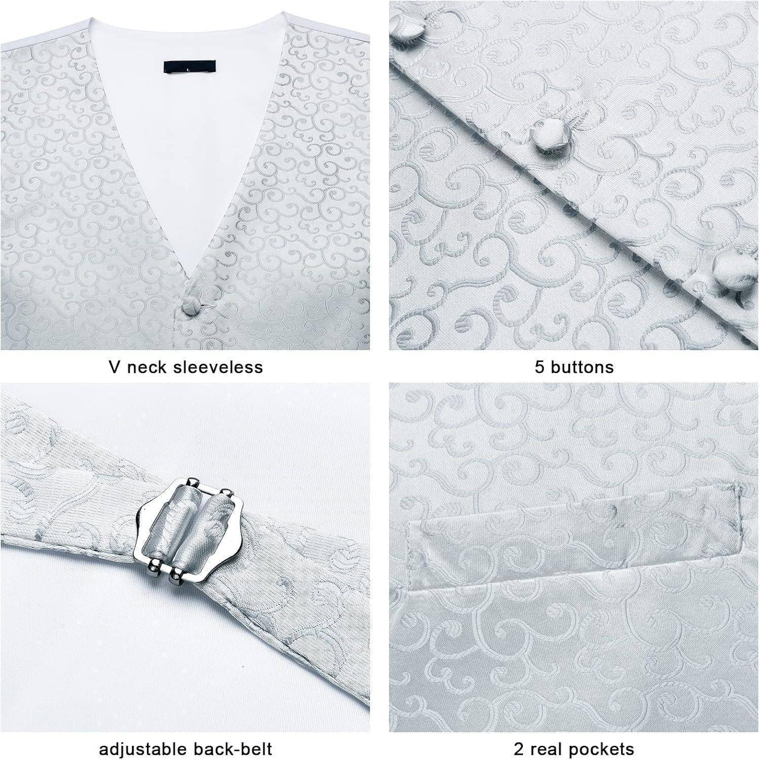 Ärmelloses V-Ausschnitt-Weste mit komplexem Wirbelmuster, 5 Knöpfen, verstellbarem Rückengürtel und 2 echten Taschen; elegantes Design.
