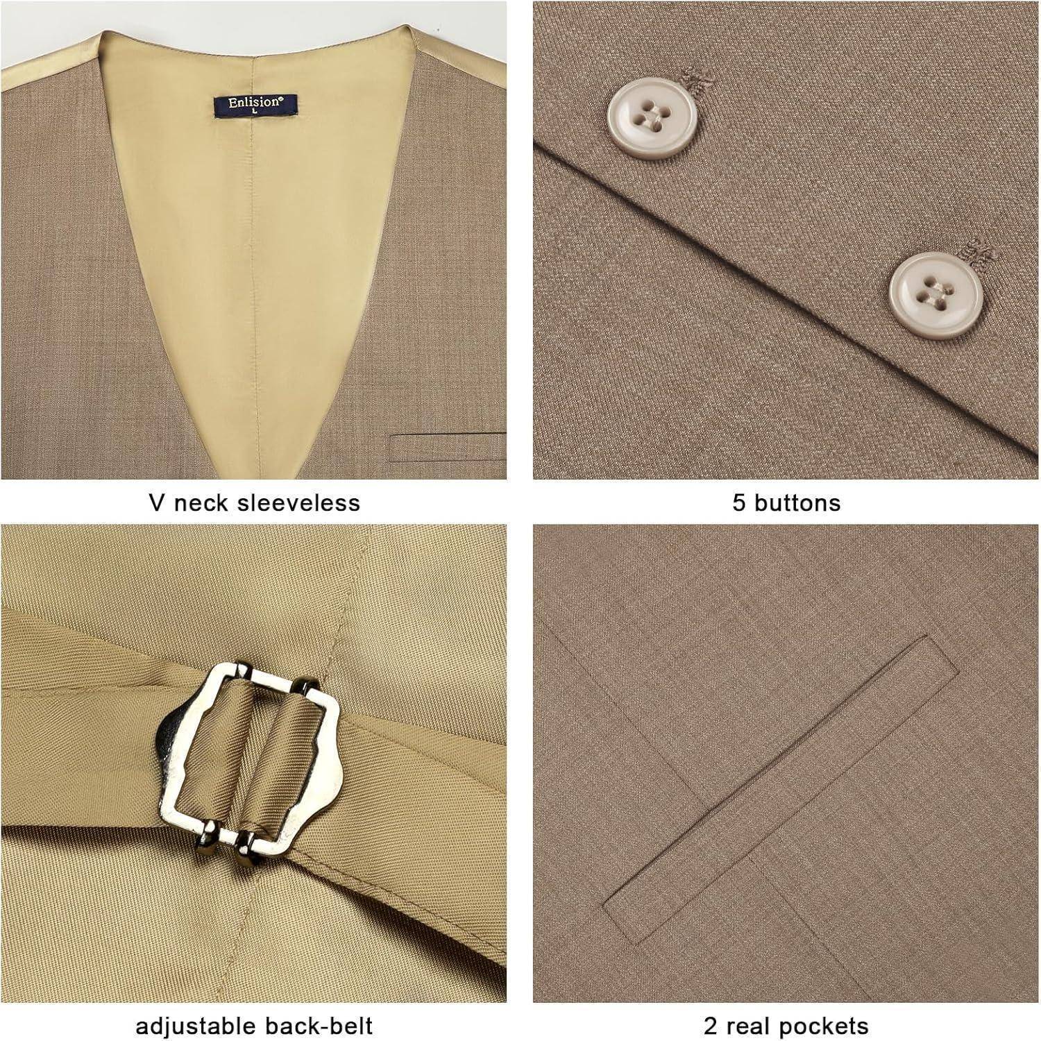 V-Neck-Weste ohne Ärmel mit 5 Knöpfen, verstellbarem Rückengürtel und 2 echten Taschen. Beigefarbener Stoff mit Detailansicht der Nähte und Schnallendetails.