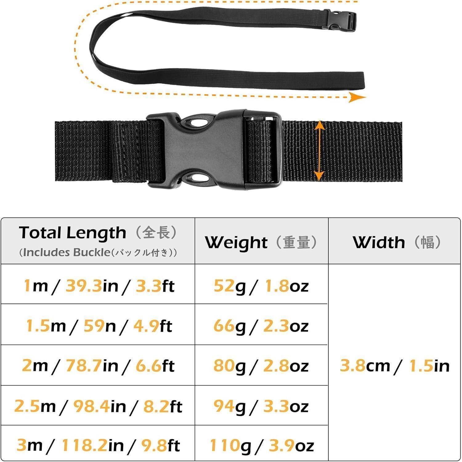Verstellbarer Riemen mit Schnalle, mit folgenden Abmessungen: Längenoptionen von 1m/39,3 Zoll bis 3m/118,2 Zoll, Gewicht von 52g/1,8 Unzen bis 110g/3,9 Unzen, Breite 3,8cm/1,5 Zoll.