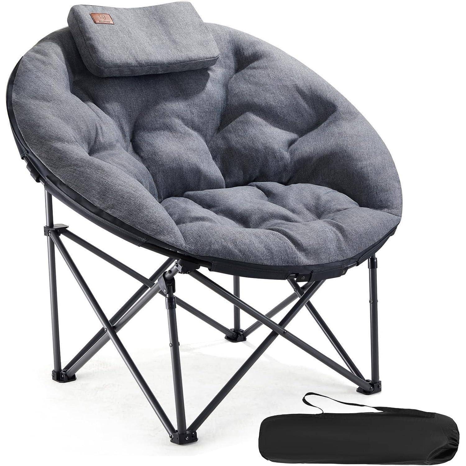 Campingstuhl XXL Faltbar 150kg Gepolstert Kissen Rund Grau