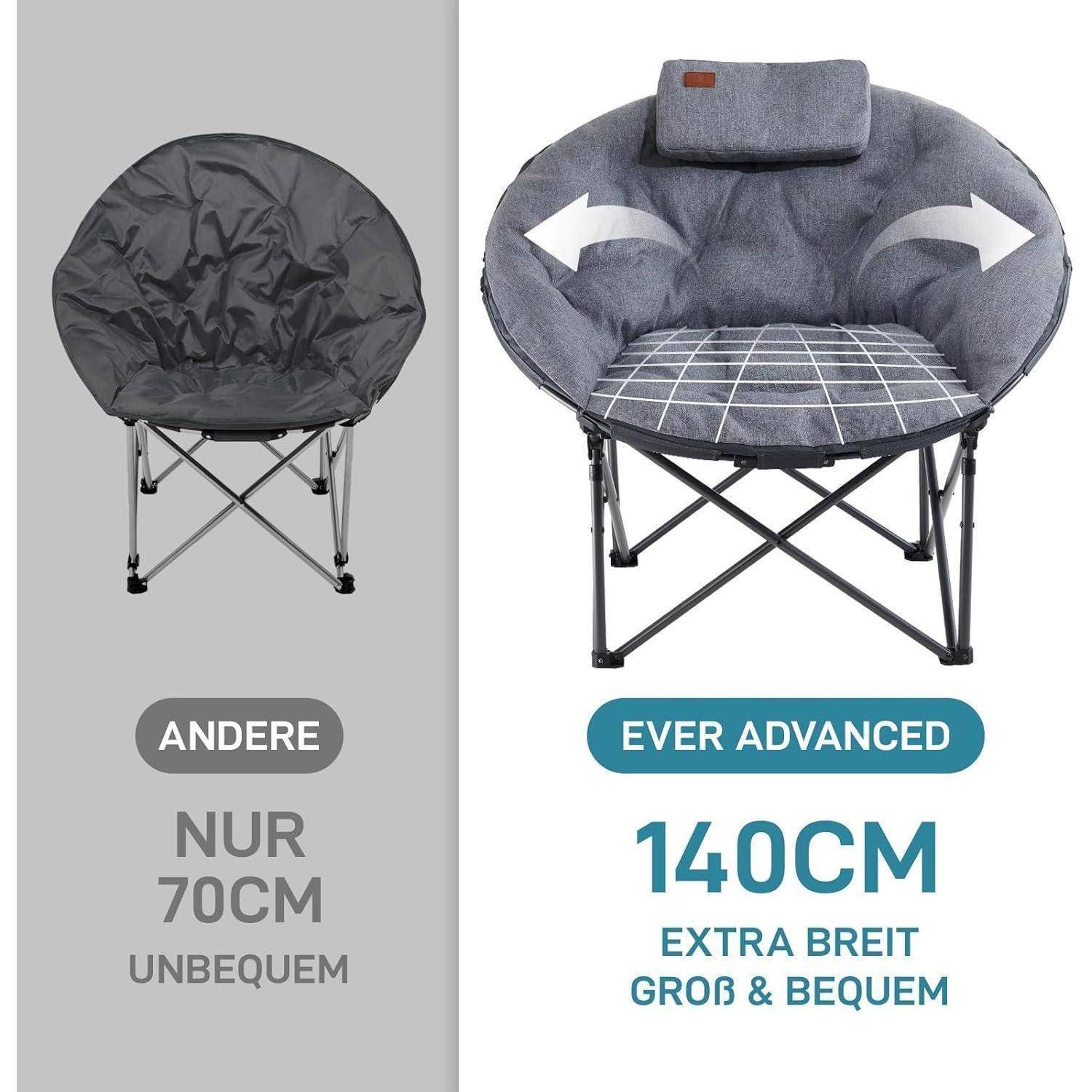 Campingstuhl XXL Faltbar 150kg Gepolstert Kissen Rund Grau