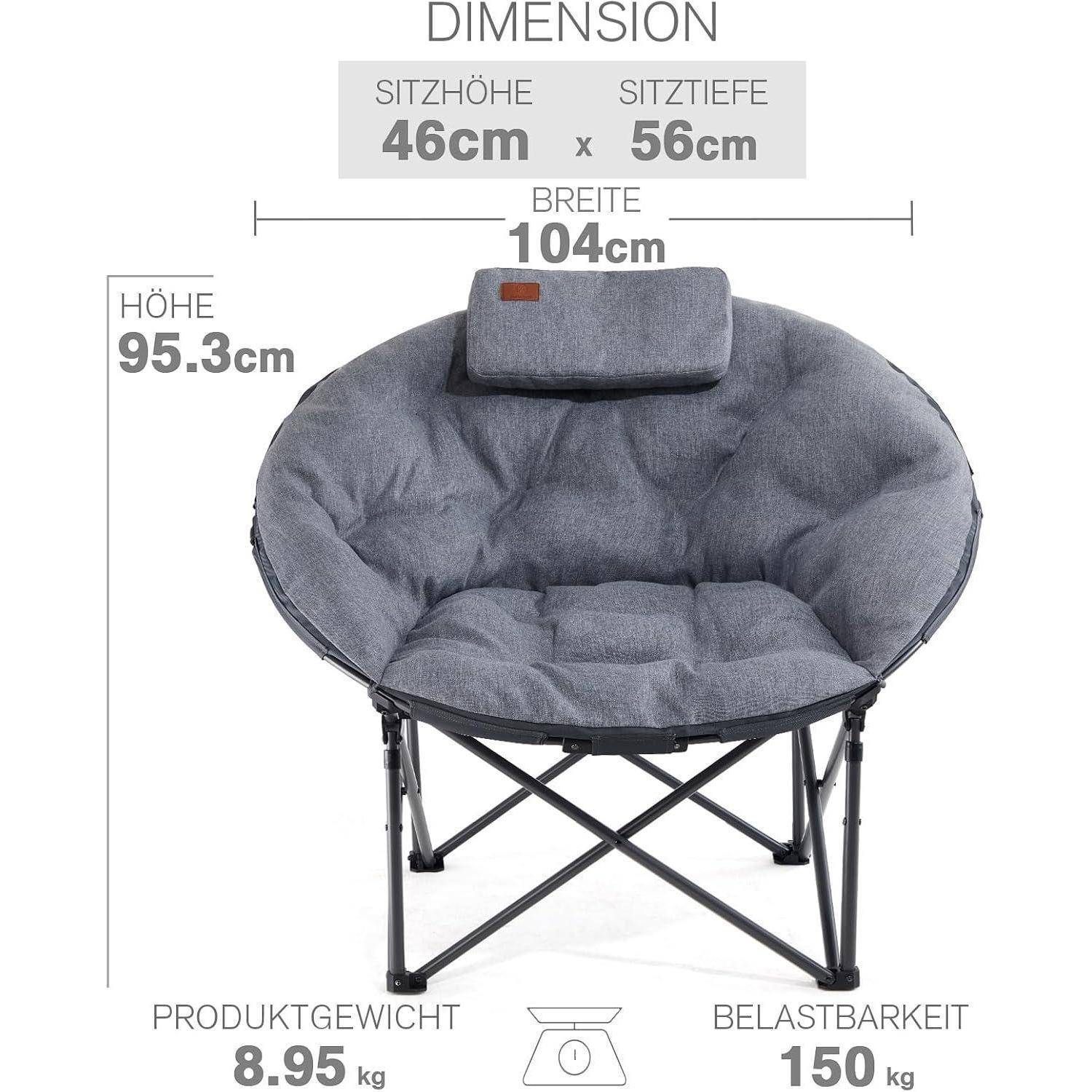Campingstuhl XXL Faltbar 150kg Gepolstert Kissen Rund Grau