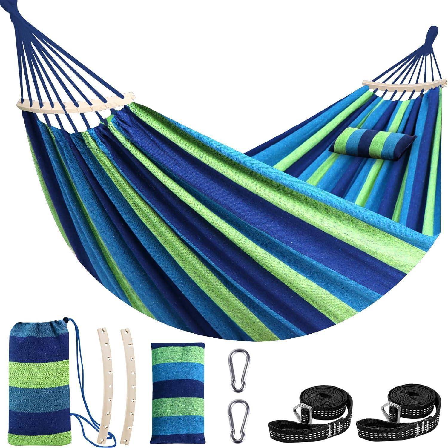 Hängematte Baumwolle Camping 300kg Blau Grün Gestreift 300x150cm