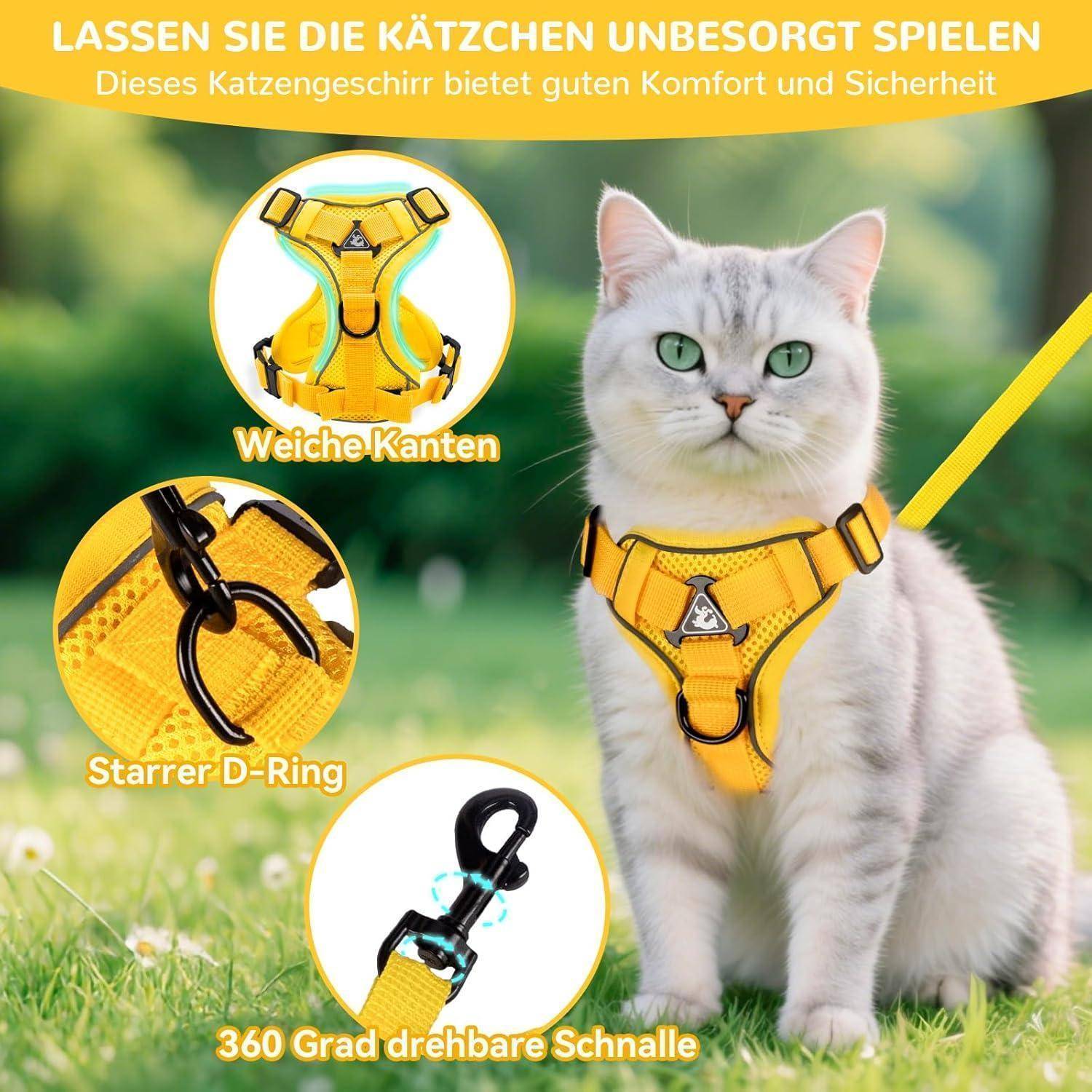 Eine Katze mit einem gelben Geschirr sitzt draußen. Das Geschirr verfügt über weiche Kanten, einen stabilen D-Ring und eine 360-Grad-Drehschnalle.