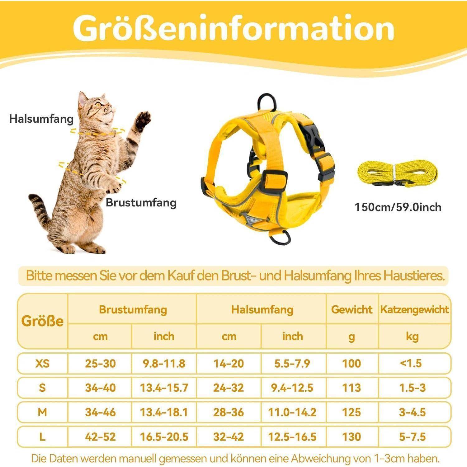 Eine Katze steht neben einem gelben Haustier-Geschirr und einem Maßband, mit einer Größentabelle darunter zur Auswahl der richtigen Geschirrgröße basierend auf Brust- und Halsmessungen.