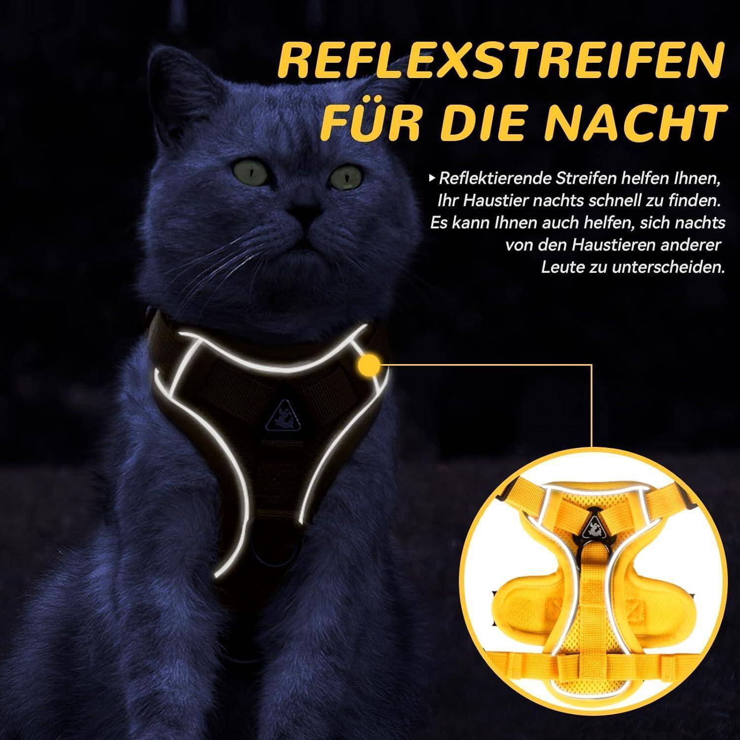 Eine Katze mit einem Geschirr mit reflektierenden Streifen ist zu sehen. Der Text betont das reflektierende Element, das zur Identifizierung von Haustieren in der Nacht beiträgt.