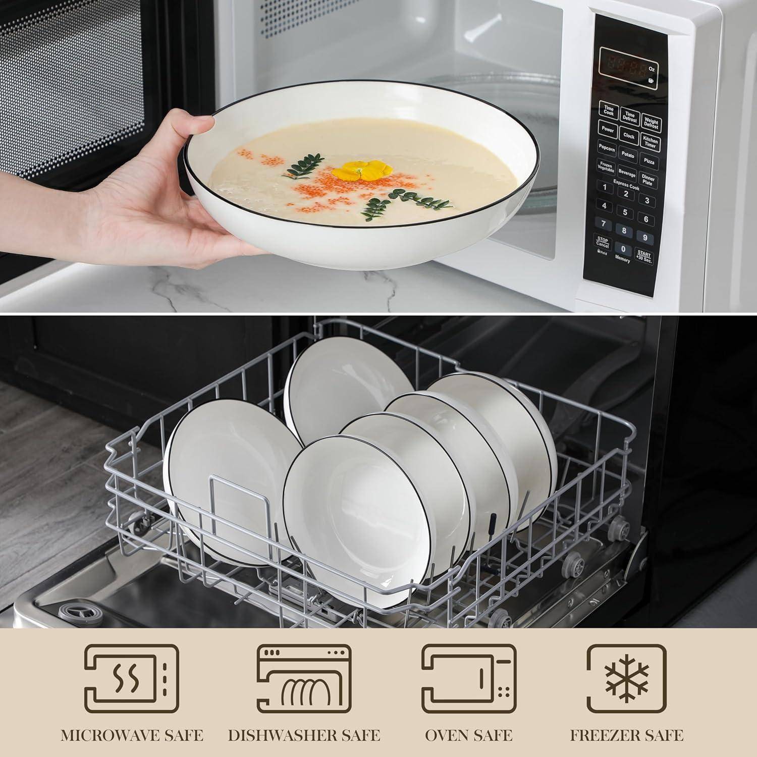 Pastateller Suppenteller 1200ml 6 Tlg Weiß mit Schwarzem Rand