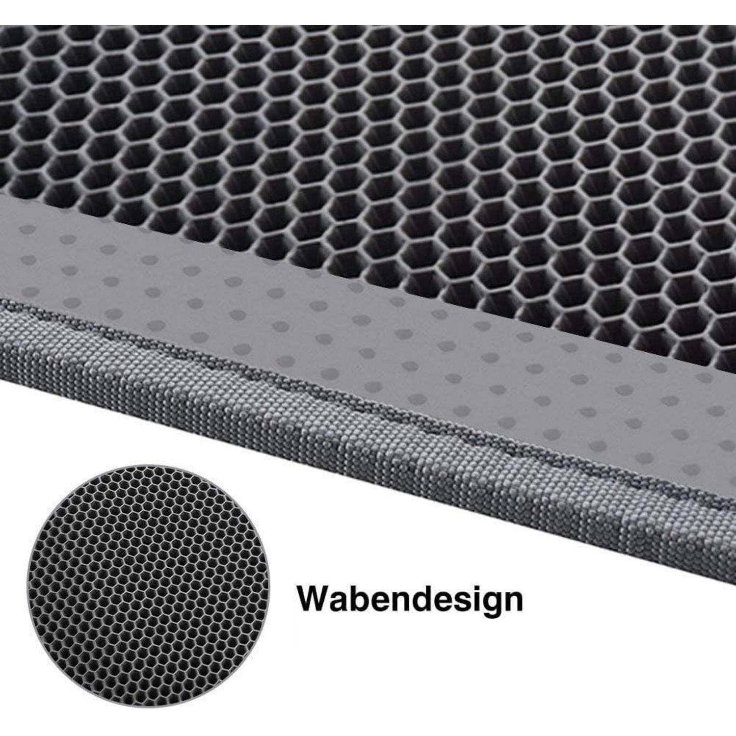 Nahaufnahme eines schwarzen Wabenmusters mit der Bezeichnung 'Wabendesign', mit einem eingefügten Kreis, der die detaillierte Textur zeigt, und einem Stoffrand.
