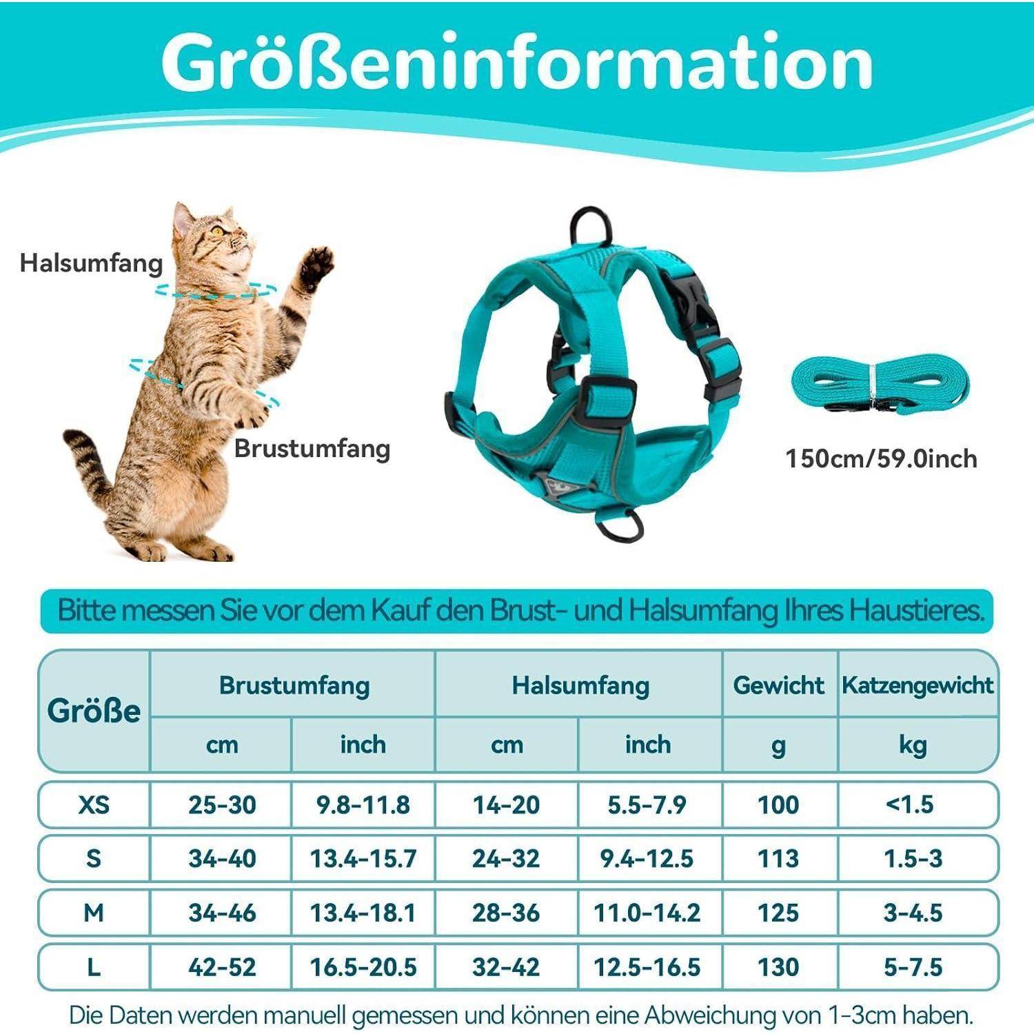 Größeninformation' für Haustiergeschirre mit einer Katze. Größen XS bis XL mit Maßangaben in cm für Brustumfang, Halsumfang, Gewicht und Katzengewicht.