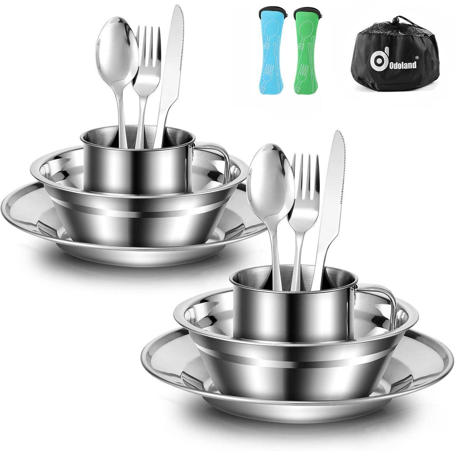 Campingbesteck Edelstahl Klappbesteck Set Teller Tasse 2 Personen