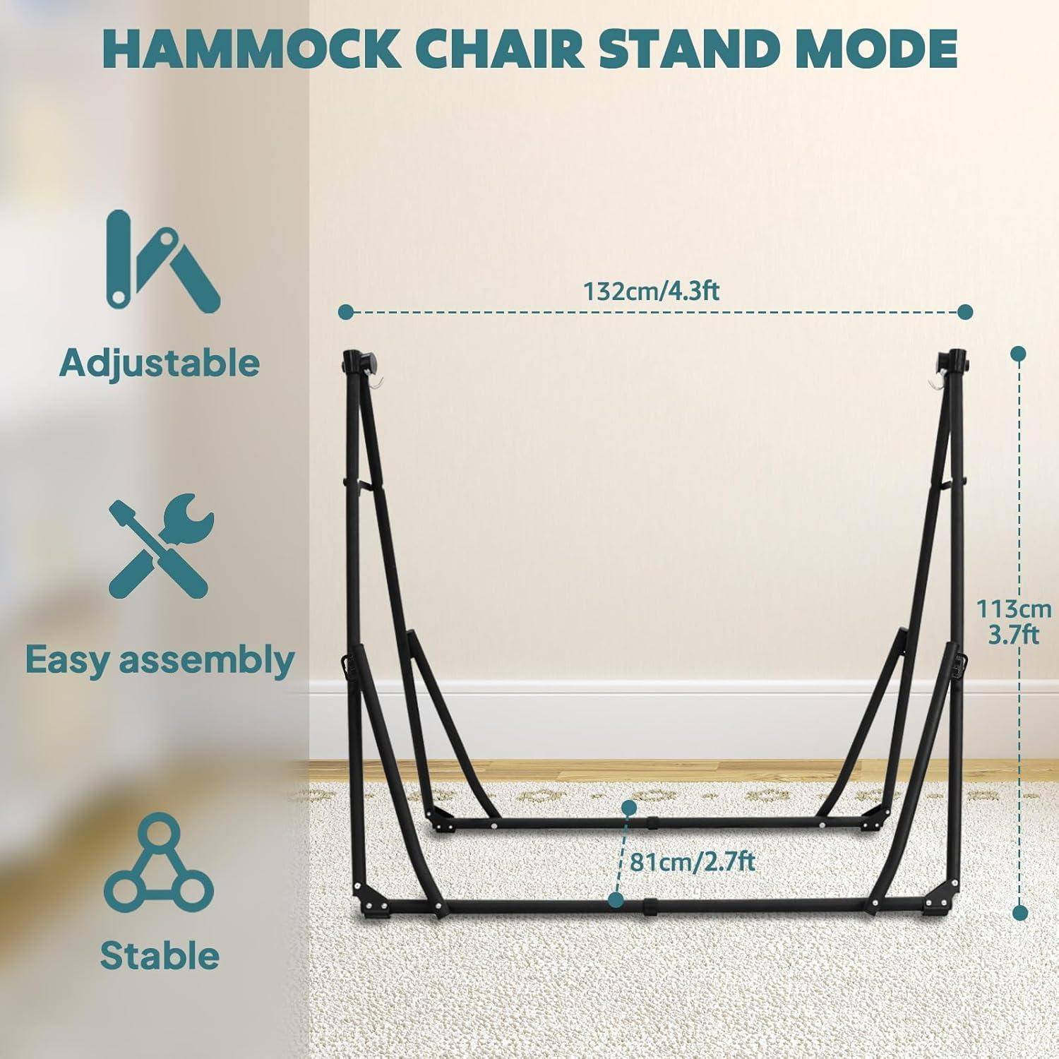 Hängestuhl-Ständer, verstellbar bis zu 132 cm/4,3 ft Höhe und 81 cm/2,7 ft Breite. Zu den Merkmalen gehören einfache Montage und stabiles Design.