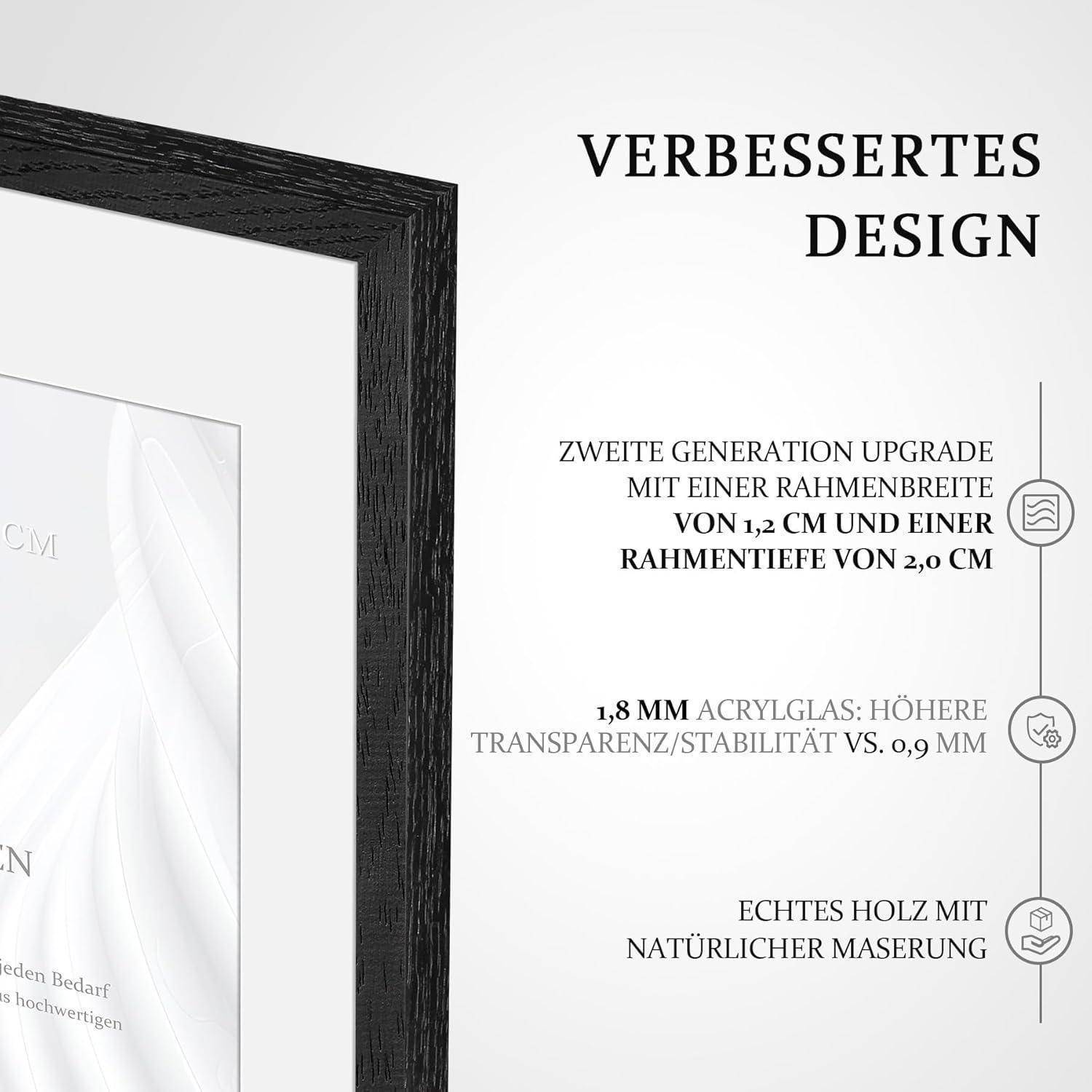 Ein schwarzer Holzrahmen zeichnet sich durch ein verbessertes Design mit breiteren Kanten und Acrylglas aus, wobei Transparenz und Stabilität betont werden.