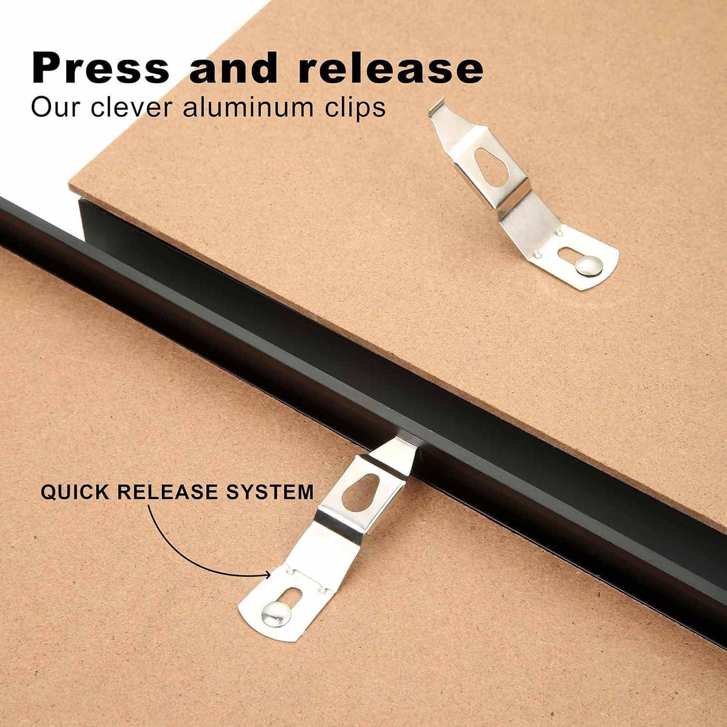 Aluminiumklammern auf einer Tafel, beschriftet mit „Schnellspannsystem