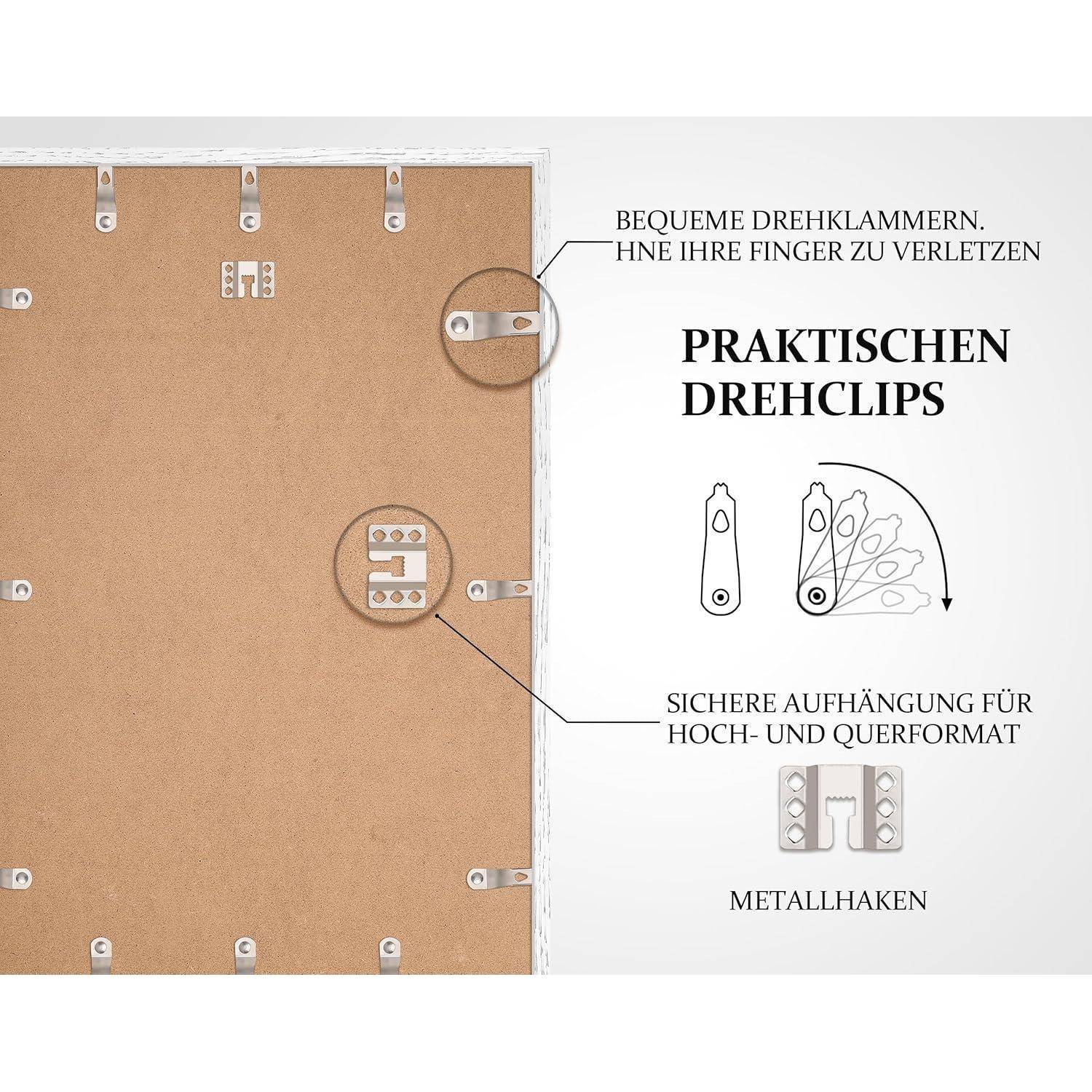 Praktische Drehclips mit sicheren Haken zum vertikalen und horizontalen Aufhängen. Nahaufnahme der einfachen rotierenden Clips für mehr Sicherheit.