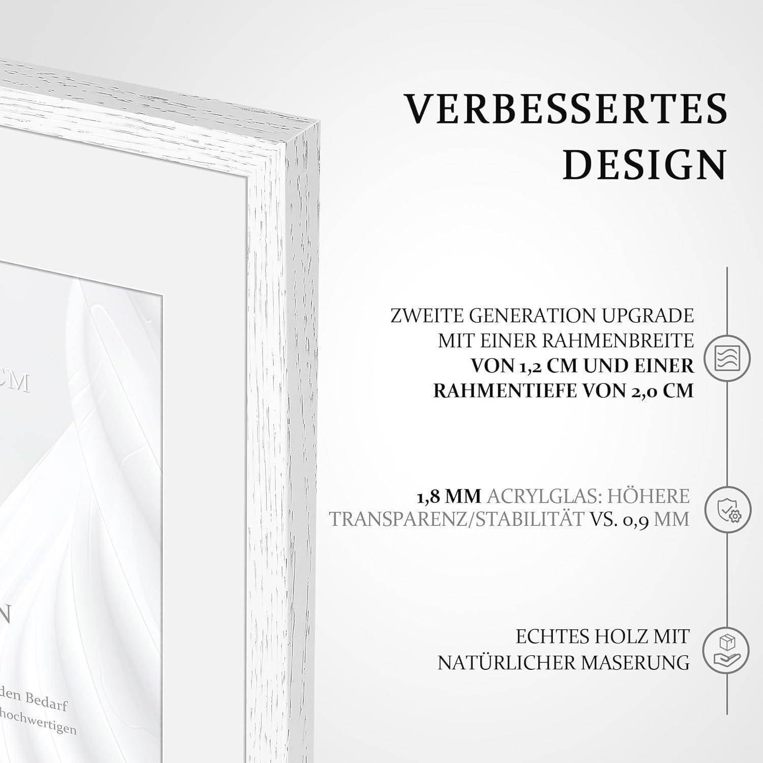Verbessertes Design mit Rahmendimensionen, Acrylglasdicke und natürlicher Holzmaserung.