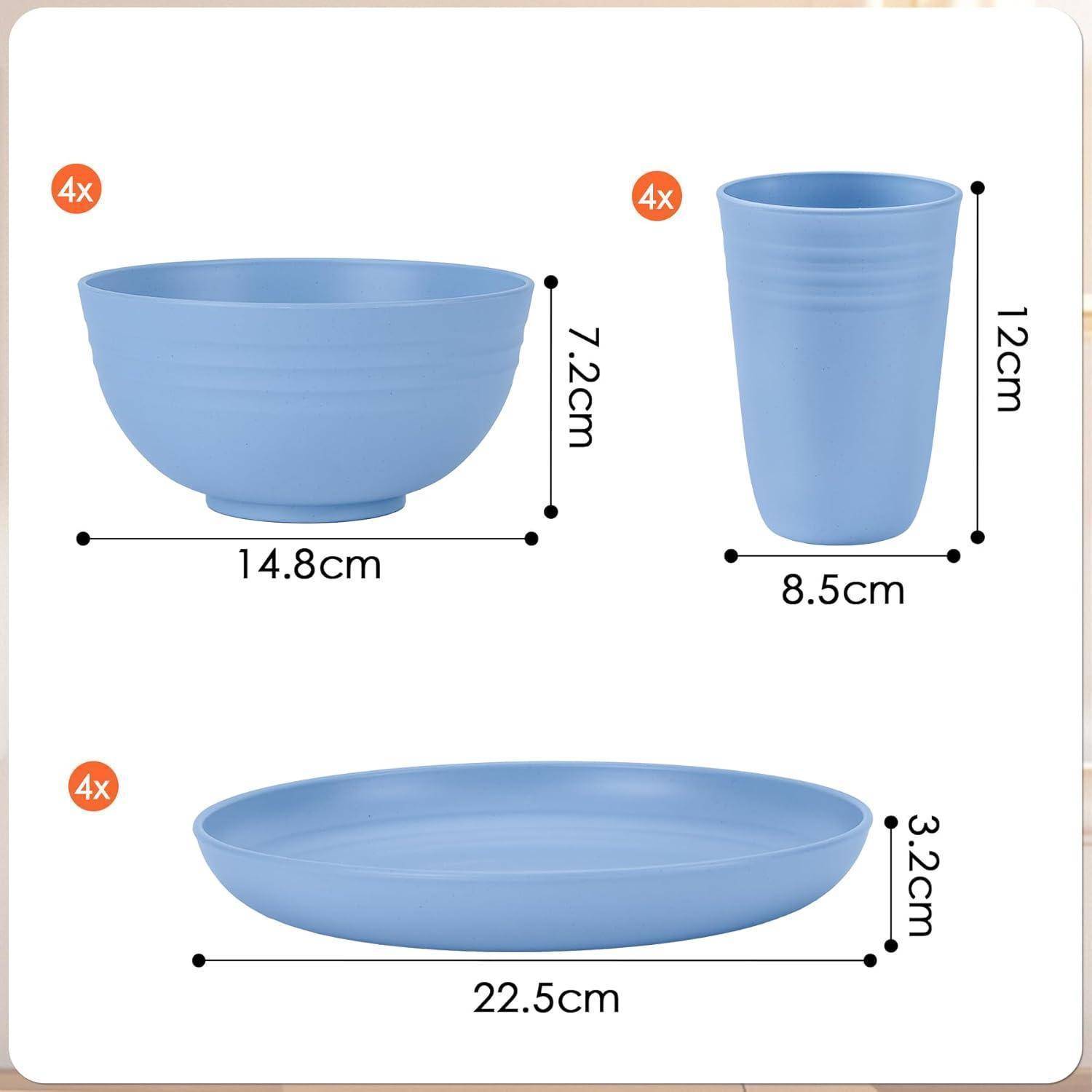 Blaues Geschirr-Set: 4 Schüsseln (14,8 cm Durchmesser, 7,2 cm Höhe), 4 Tassen (8,5 cm Durchmesser, 12 cm Höhe), 4 Teller (22,5 cm Durchmesser, 3,2 cm Höhe).