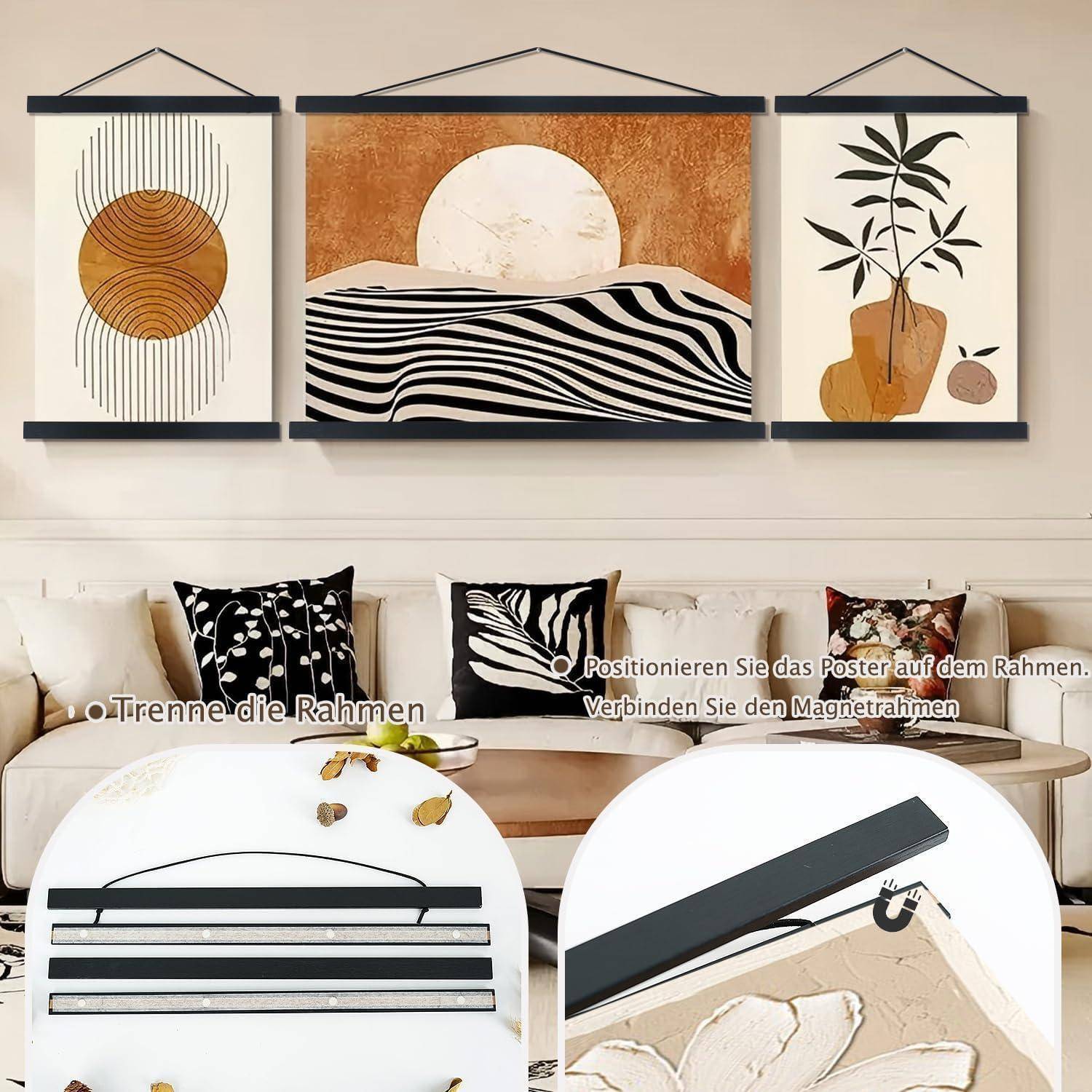 Ein Set aus drei abstrakten Wandkunstwerken mit schwarzen Rahmen, die geometrische und naturinspirierte Designs in erdigen Farbtönen über einem Sofa zeigen.