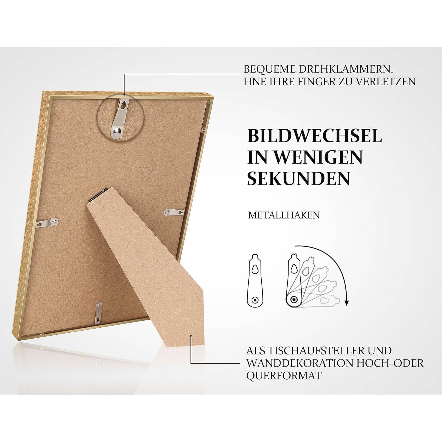 Ein Holzbilderrahmen, von hinten gezeigt, mit Beschriftungen, die folgende Merkmale hervorheben: Schwenkclips, Metallhaken und Ständer für vertikale oder horizontale Ausrichtung. Der deutsche Text beschreibt einen schnellen Bildwechsel.