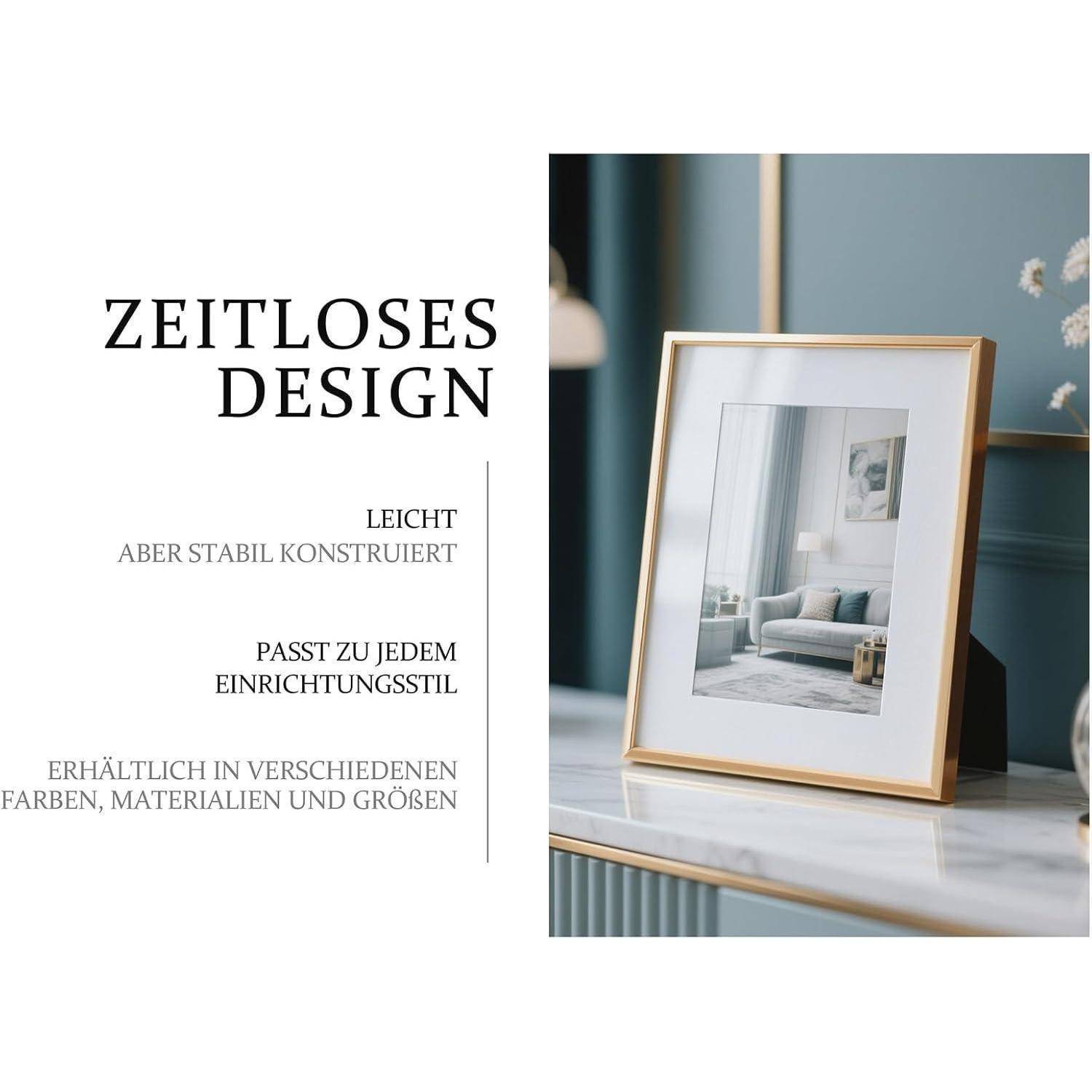 Fotorahmen auf einem modernen Tisch. Text lautet 'Zeitloses Design', 'Leicht aber stabil konstruiert', 'Passt zu jedem Einrichtungsstil'.