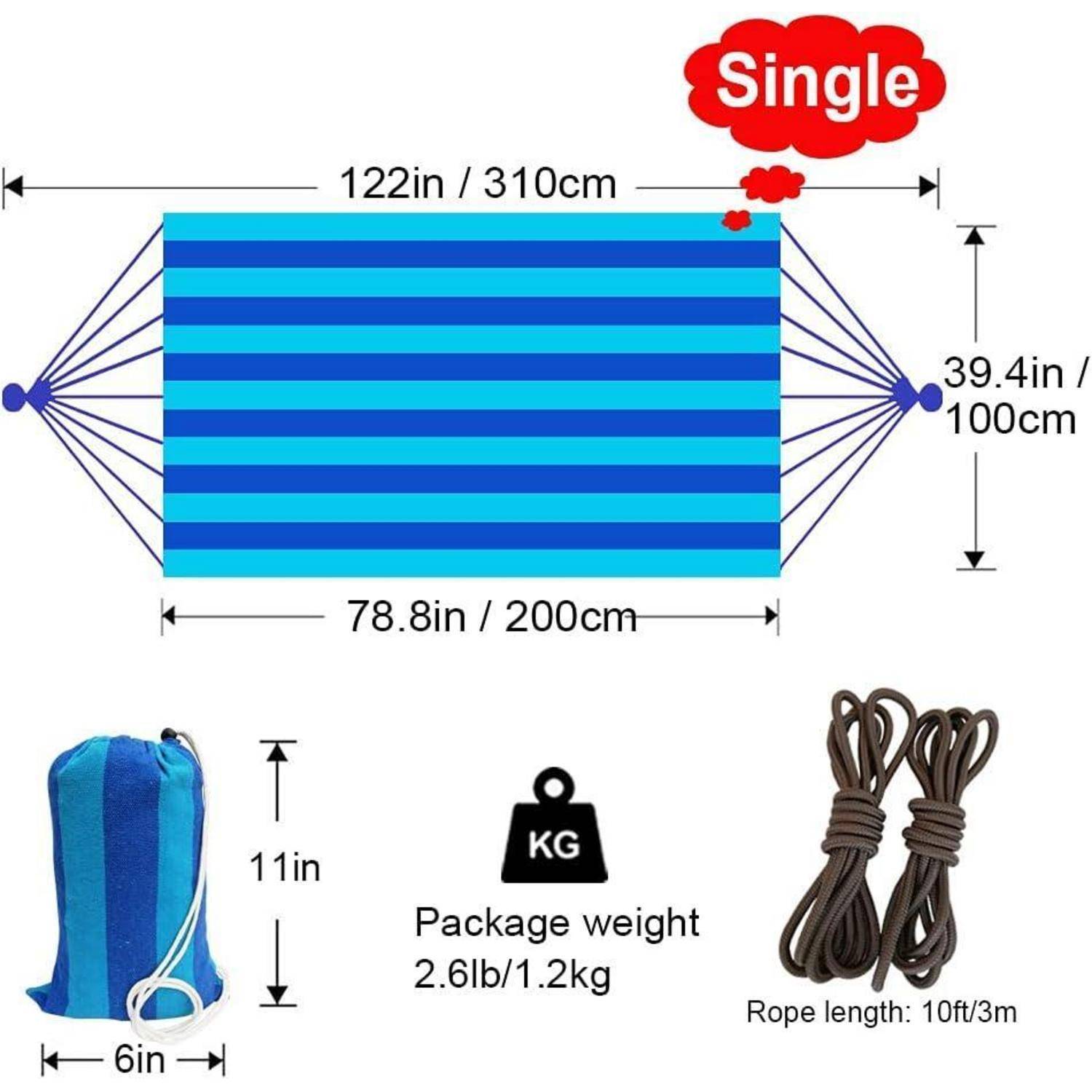 Hängematte 1 Person 200x100cm 250kg Baumwolle Pfauenblau (Single)