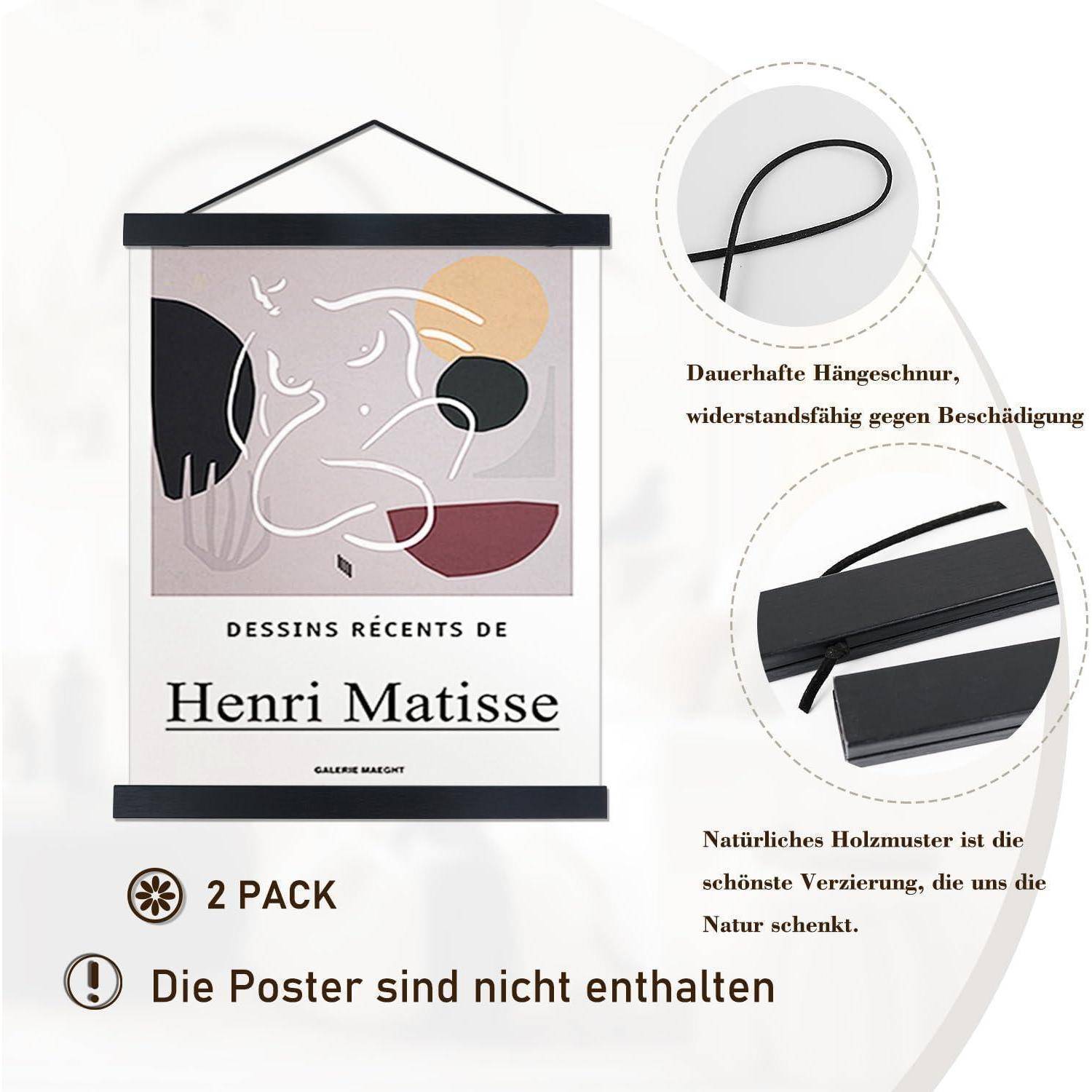Wandbehang-Set mit abstraktem Kunstwerk und robustem Aufhängungsseil zur Präsentation. Der Text ist auf Deutsch und beschreibt Eigenschaften wie die Holzstruktur.