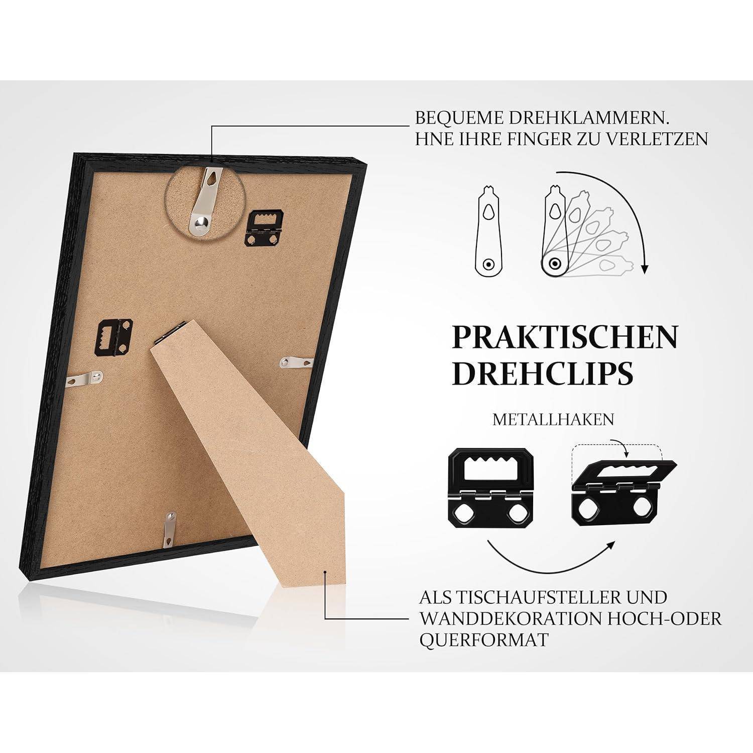 Ein brauner Bilderrahmen mit verstellbarem Ständer und Metallhaken, ausgestattet mit 'Praktischen Drehclips', versehen mit einer Diagramm, das die Funktionsweise der Clips zeigt.