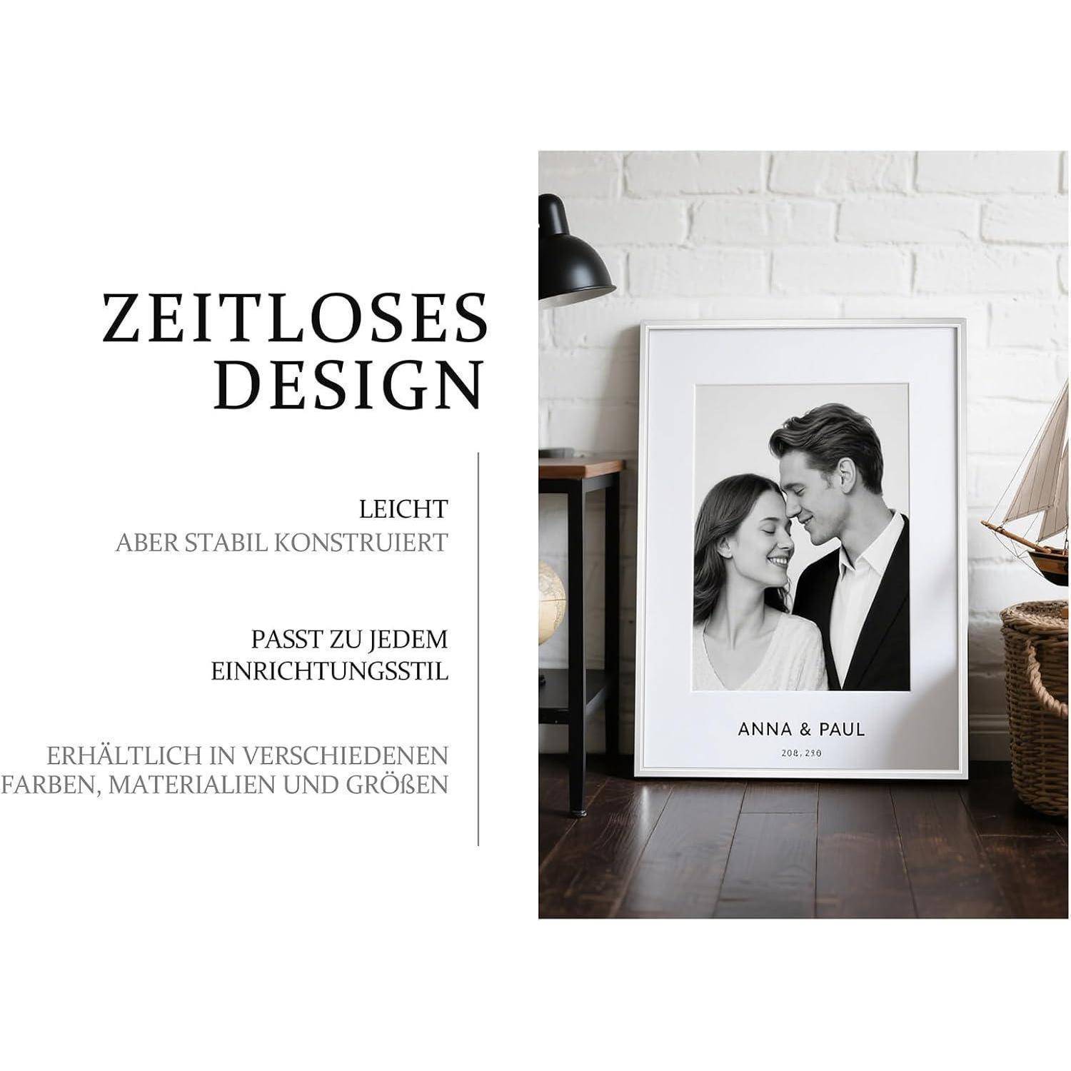 A framed photo titled 'Anna & Paul,' with a couple smiling. Text: 'Zeitloses Design - leicht, stabil, passt zu jedem Einrichtungsstil.