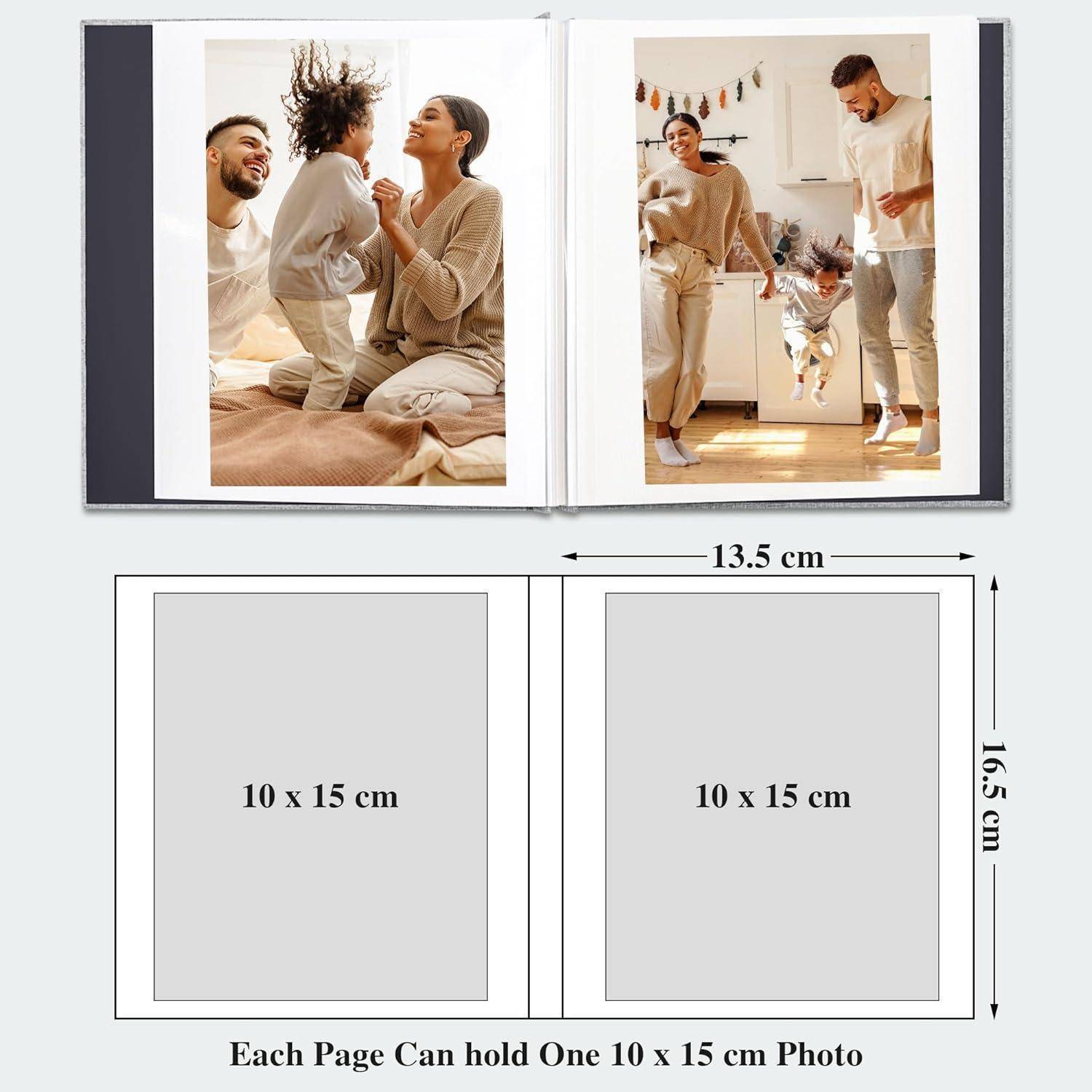 Fotoalbum mit Familienfotos. Jede Seite enthält ein Foto im Format 10 x 15 cm. Geschlossene Albumabmessungen: 13,5 x 16,5 cm.