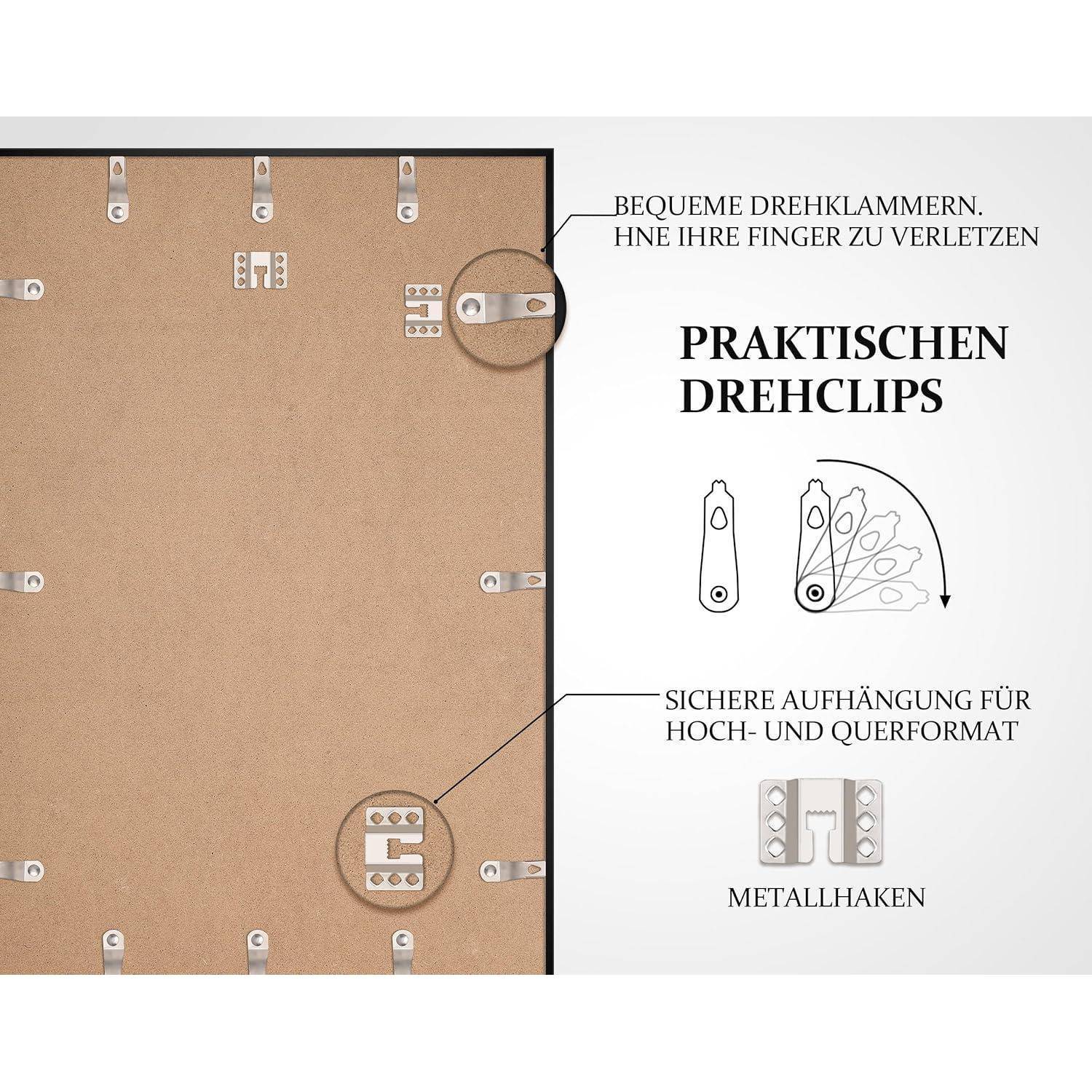 Rahmen mit hervorgehobenen 'praktischen Drehclips', die sichere Metallhaken für vertikales/horizontales Aufhängen zeigen.