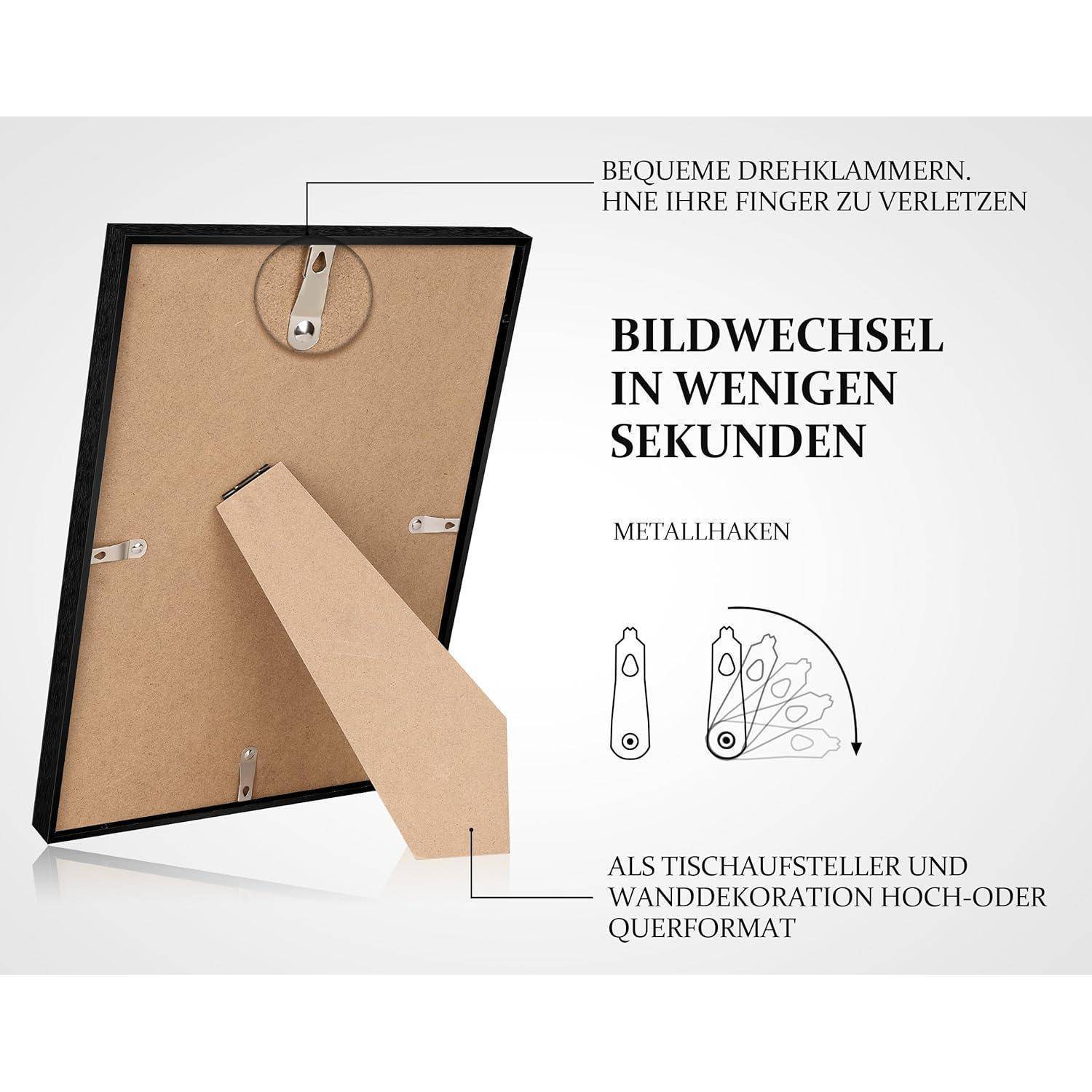 Ein Bilderrahmen aus Holz wird im Querformat gezeigt, ausgestattet mit Metallhaken und Drehclips für einfaches Fotowechseln und Aufhänge- oder Tischaufstelloptionen.