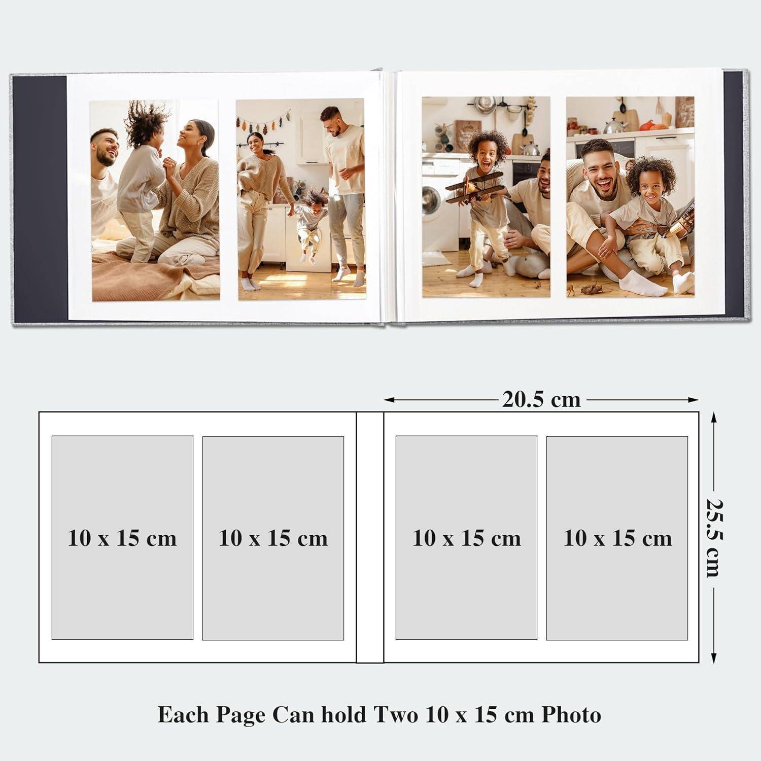 Ein offenes Fotoalbum, das eine Familie mit zwei Kindern in einer warmen, fröhlichen Umgebung zeigt. Messungen deuten darauf hin, dass jede Seite zwei Fotos im Format 10x15 cm aufnehmen kann.