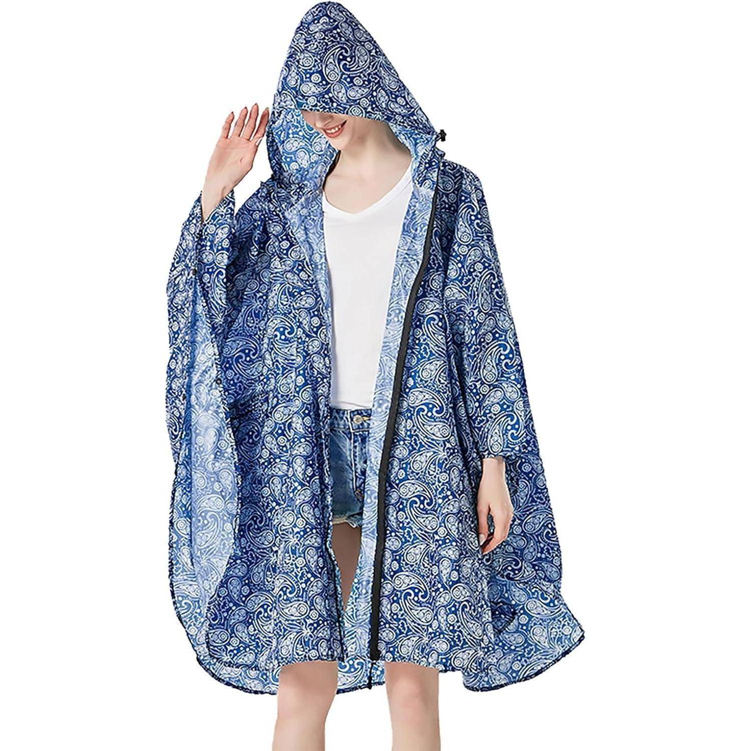 Regenponcho wasserdicht Fahrrad Kapuze Unisex Blau Weißes Porzellan