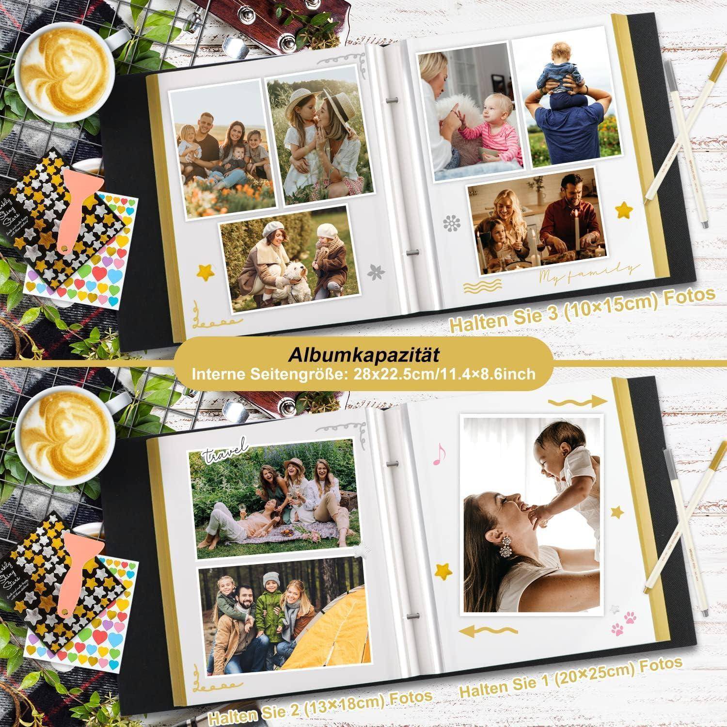 Fotoalbum geöffnet, das Familienfotos zeigt mit Text, der die Albumkapazität und Seitengrößen in Zentimetern und Zoll beschreibt.