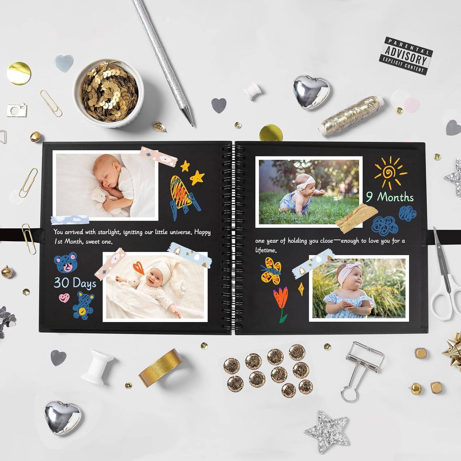 Eine Scrapbook-Seite mit Fotos eines 9 Monate alten Babys.Inklusive Text: „Du kamst mit Sternenglanz.