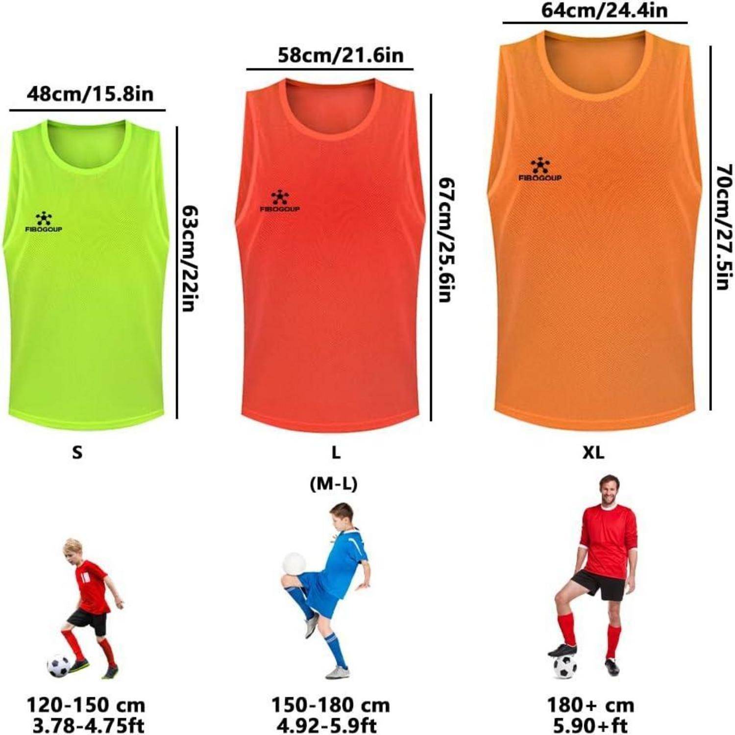 Drei Sportwesten in verschiedenen Größen (S, L, XL) und Farben (grün, rot, orange) mit angezeigten Höhen- und Brustmessungen.