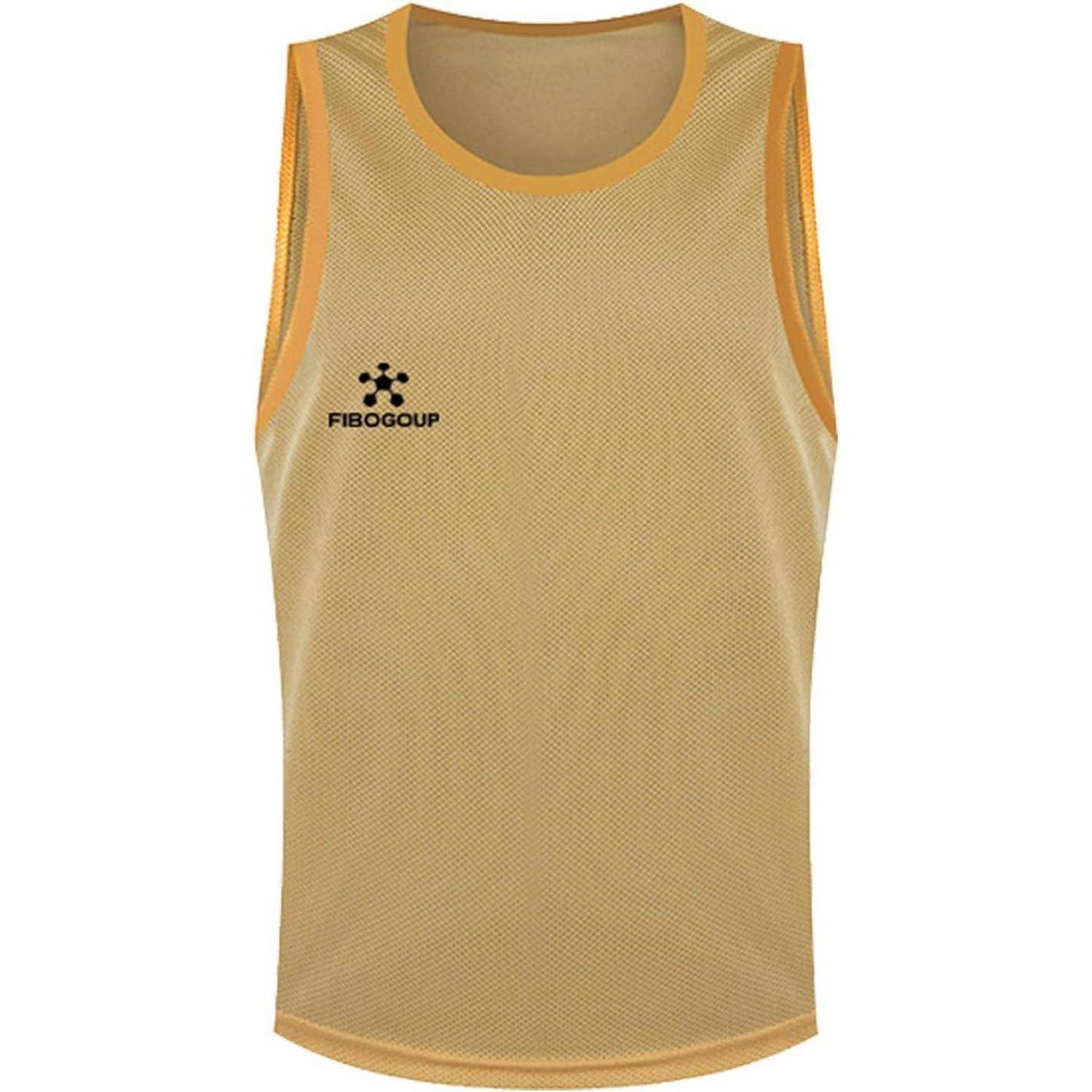 Ein ärmelloses, goldfarbenes Sporttrikot mit rundem Ausschnitt, versehen mit dem 'FIBOGROUP'-Logo auf der linken Brusthälfte.
