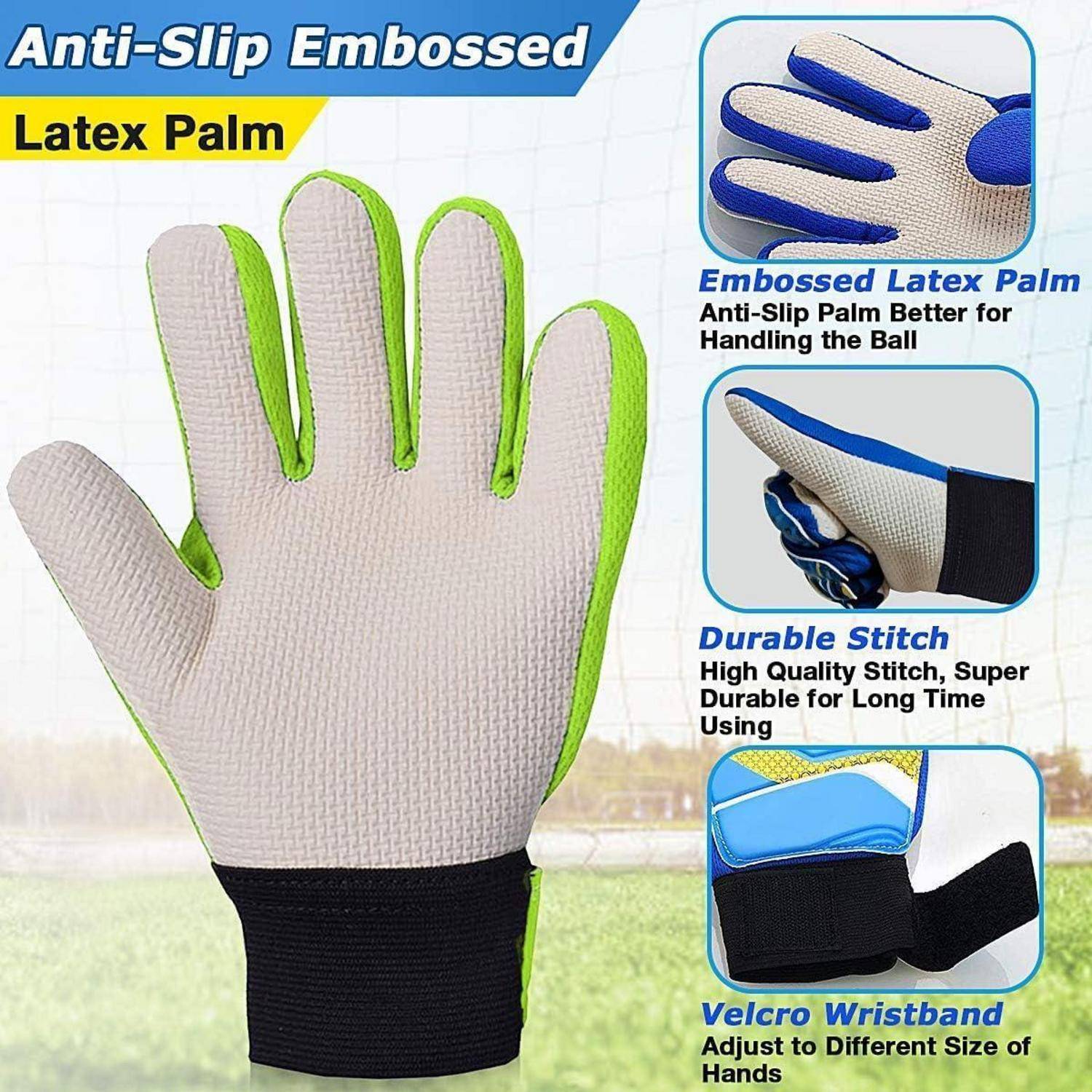 Rutschfeste, geprägte Latex-Handinnenfläche und robuster Stich-Handschuh mit Klettverschluss-Handgelenk, entwickelt für bessere Ballbeherrschung und langfristige Nutzung.