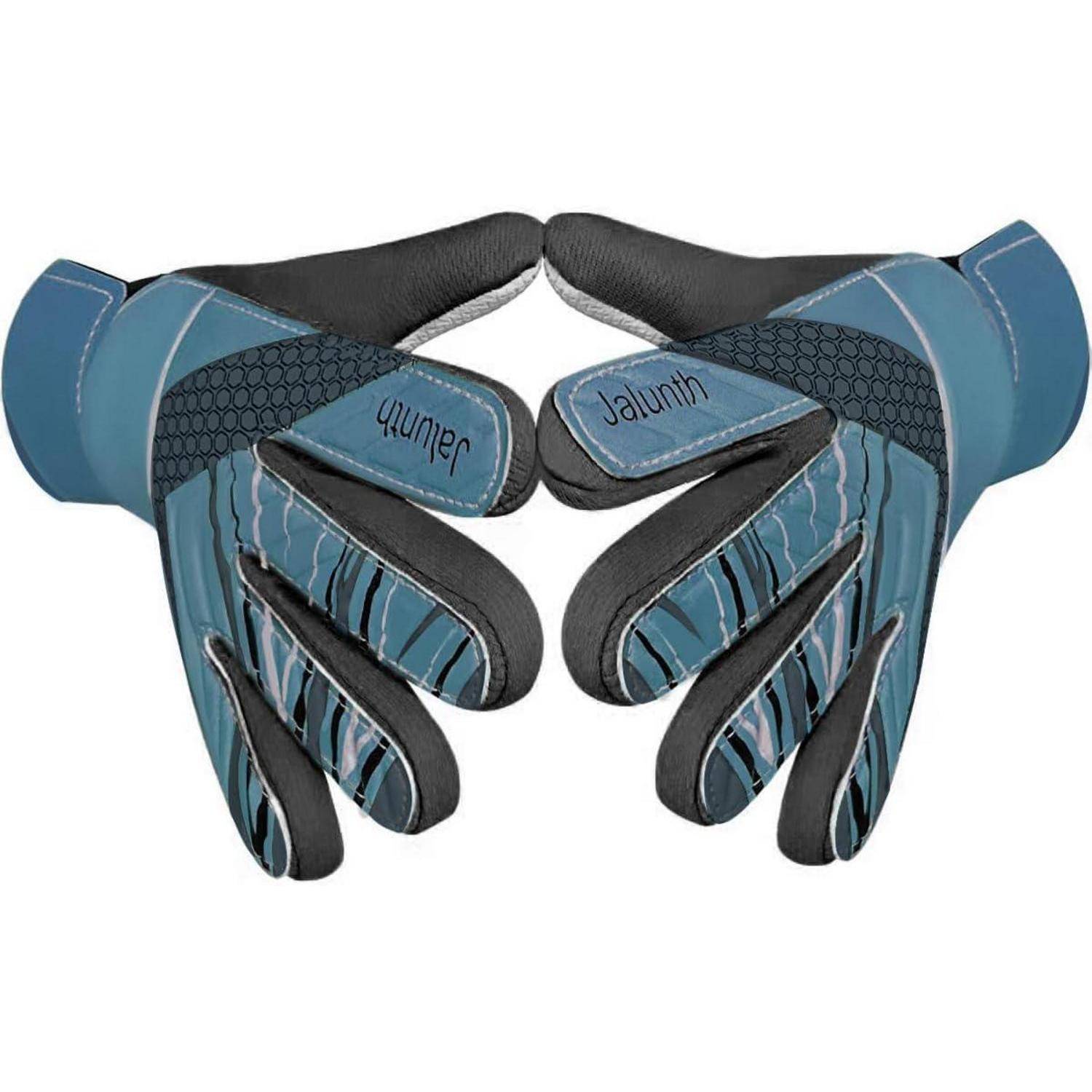 Blaue und schwarze Sporthandschuhe mit gepolsterten Handflächen und Fingerschutz, die ein modernes Design aufweisen und das Wort 'Jaumit' darauf gedruckt haben.