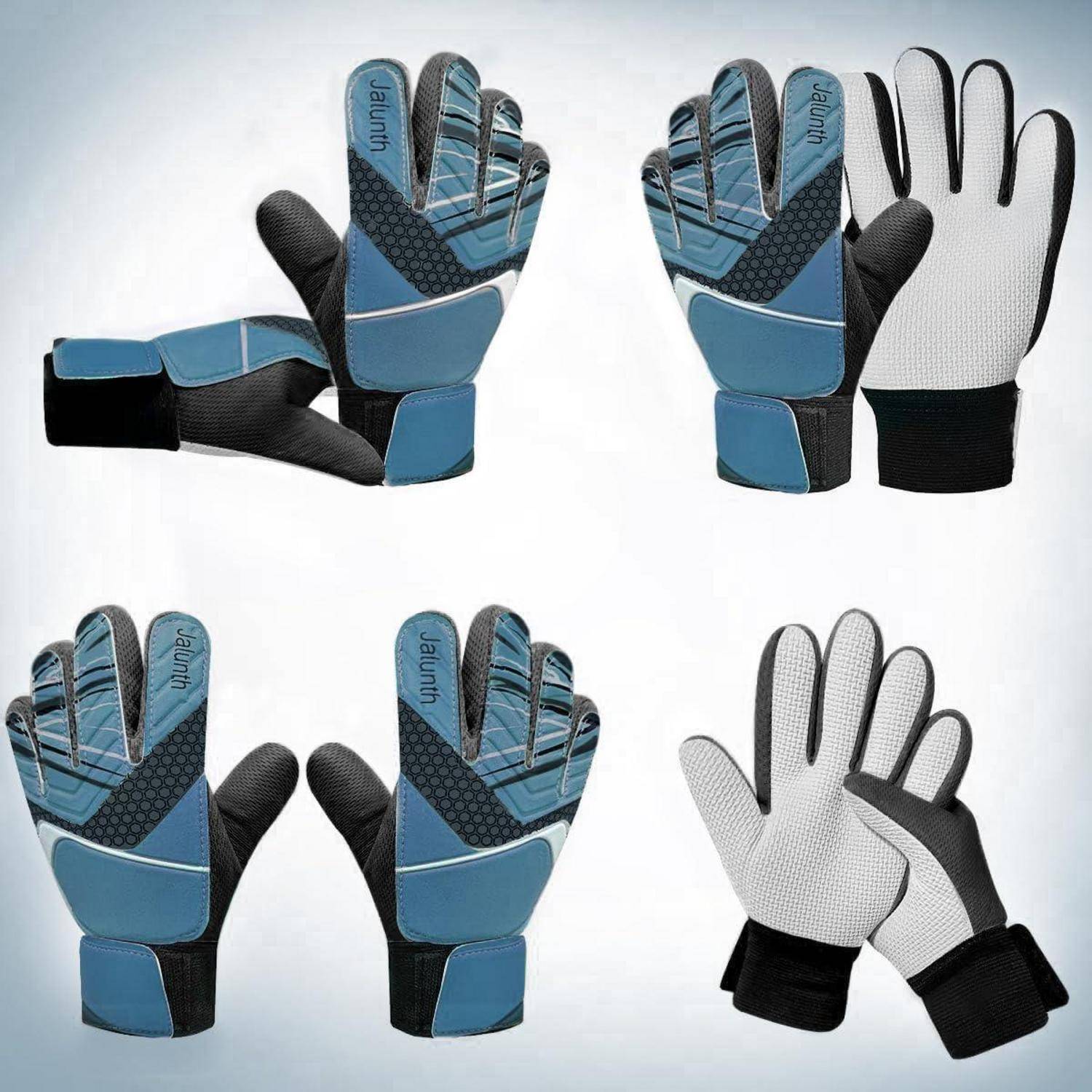 Vier Paare blau-schwarzer Torwarthandschuhe, aus verschiedenen Blickwinkeln gezeigt, die verschiedene Handflächen- und Rückhanddesigns hervorheben.