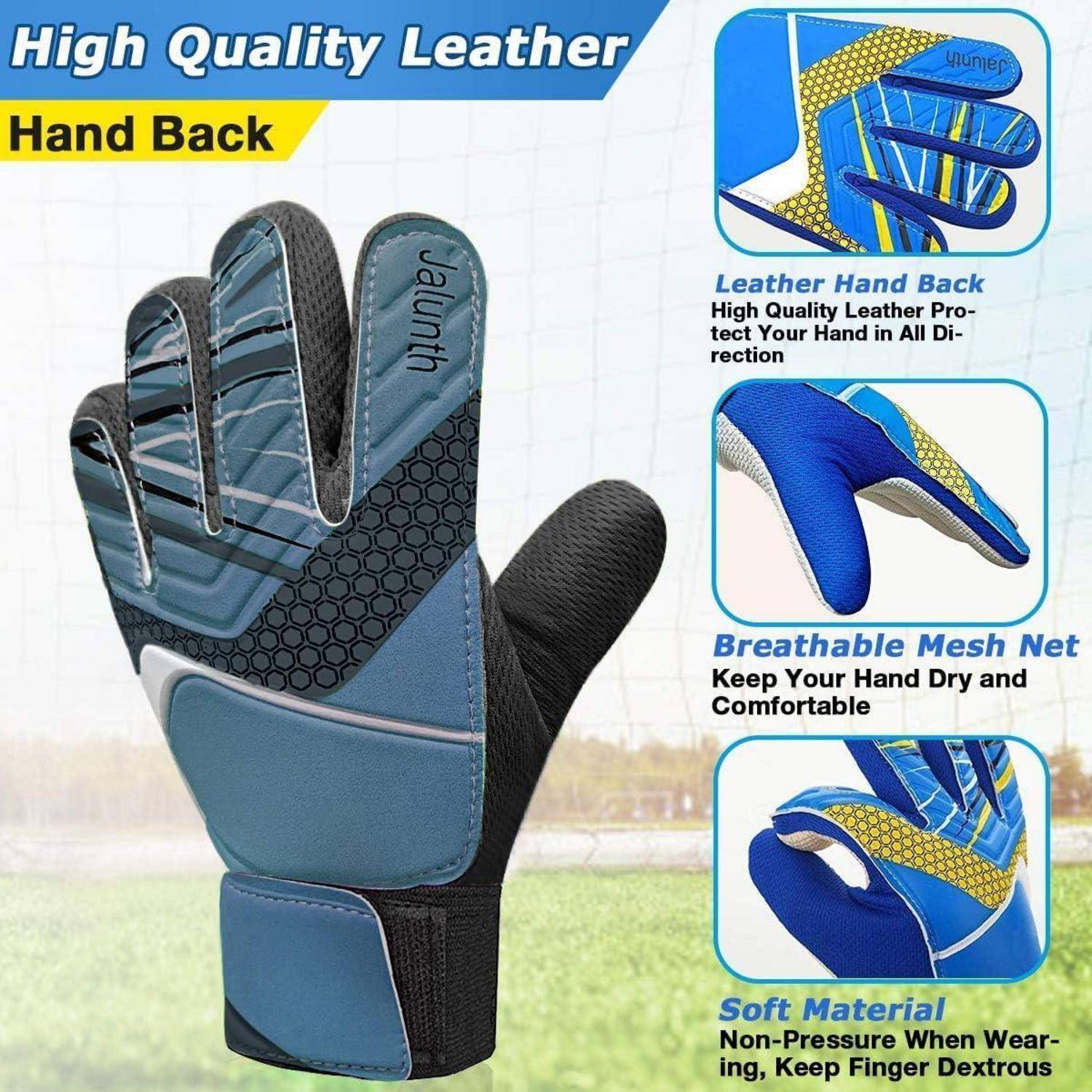 Bild eines hochwertigen Handschuhs aus blauem und schwarzem Leder, der für Handschutz entwickelt wurde. Ausgestattet mit atmungsaktivem Mesh und weichem Material für Komfort.
