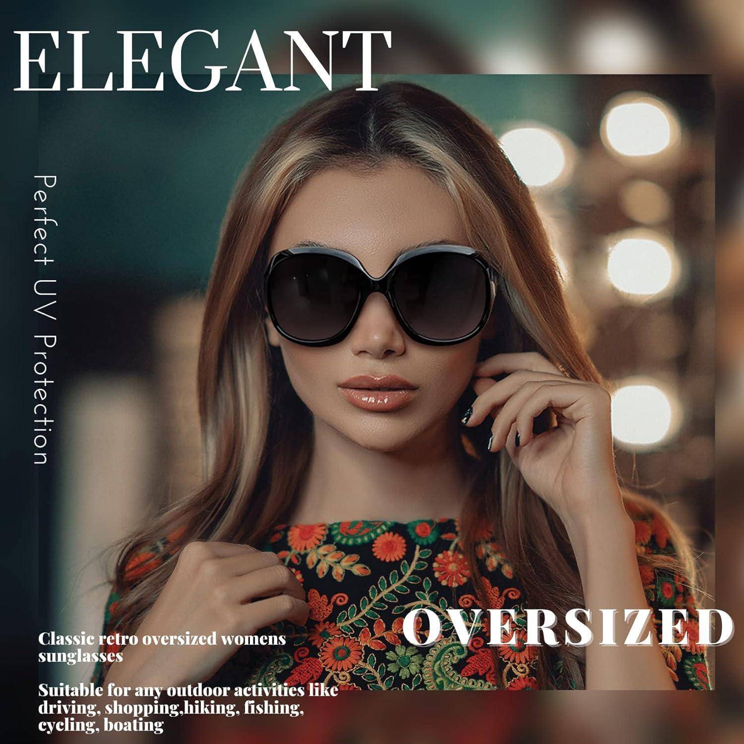 Eine Frau mit langen Haaren trägt überdimensionale schwarze Sonnenbrille. Text liest sich: 'Elegant', 'Perfekter UV-Schutz', 'Klassische, retro Sonnenbrille in Übergröße für Frauen', 'Geeignet für Outdoor-Aktivitäten.