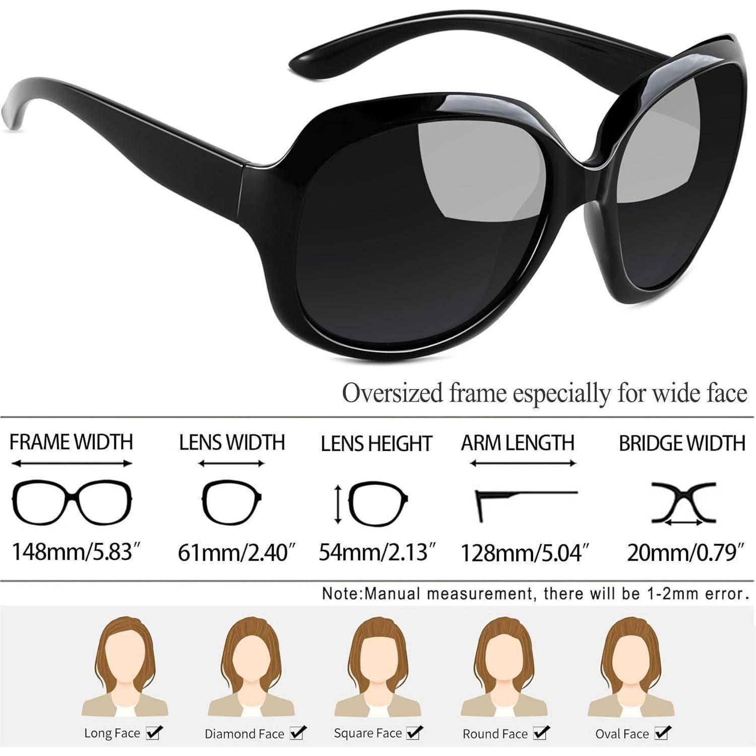 Schwarze überdimensionale Sonnenbrille für breite Gesichter: Rahmenbreite 148 mm, Linsenbreite 61 mm, Linsenhöhe 54 mm, Bügellänge 128 mm, Stegbreite 20 mm.