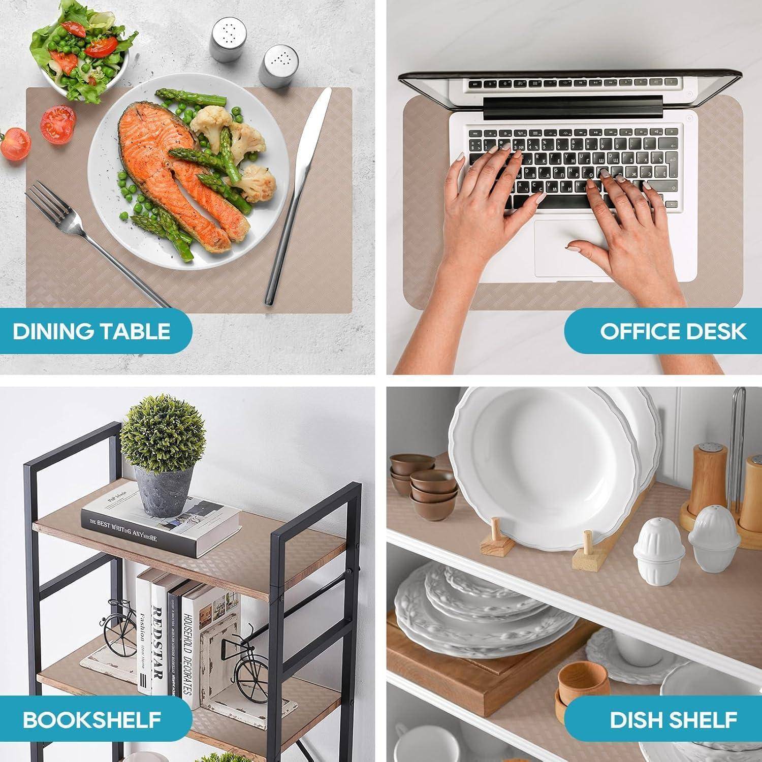Vier Bilder: 1) Teller mit Hähnchen und Gemüse auf einem Esstisch. 2) Hände, die auf einem Laptop an einem Büroschreibtisch tippen. 3) Ein Bücherregal mit Topfpflanze und Büchern. 4) Regal mit Geschirr und Vasen.