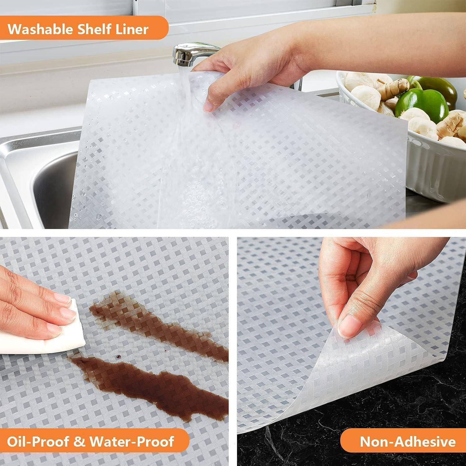 Waschbarer Regalbezug mit Demonstration seiner Eigenschaften: Auskleiden eines Regals; Öl- und wasserundurchlässige Eigenschaft, die abgewischt werden kann; sowie die nicht-klebende Charakteristik.
